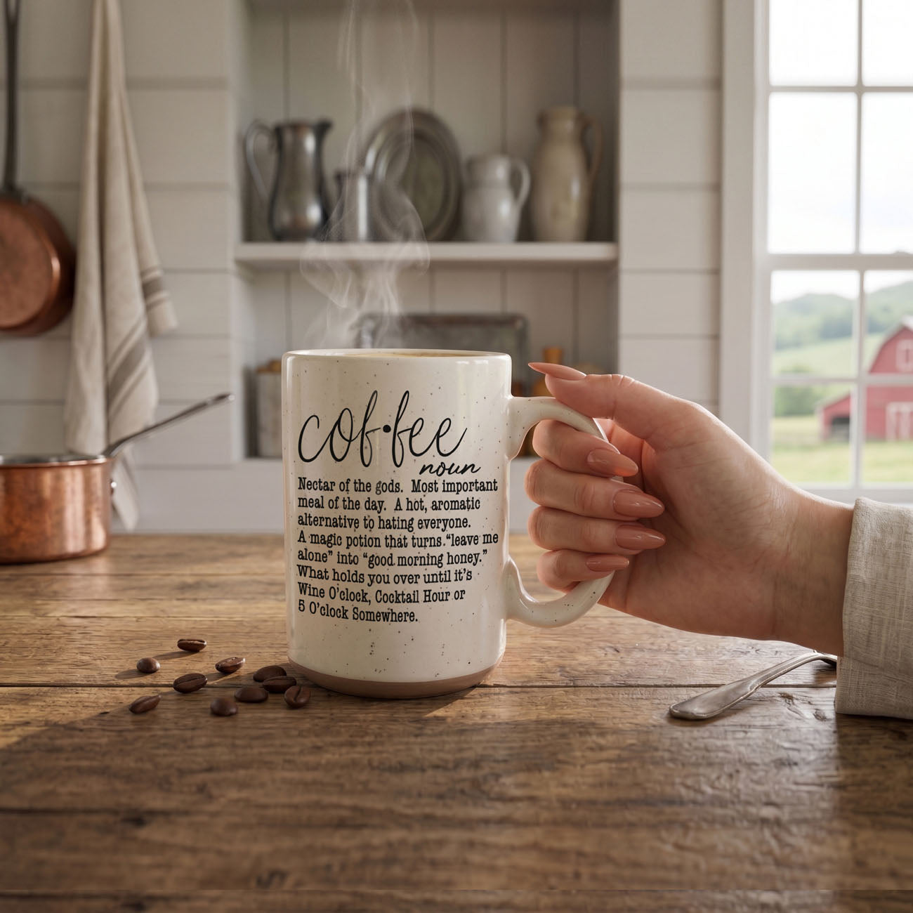 Person holding a mug with 'coffee' definition text in a kitchen setting