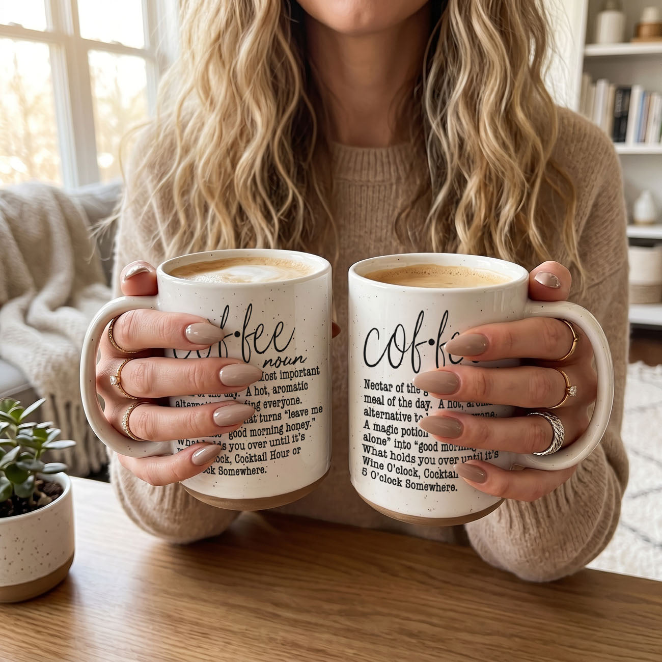 Person holding two mugs with 'coffee' definition text, sitting on a wooden table.