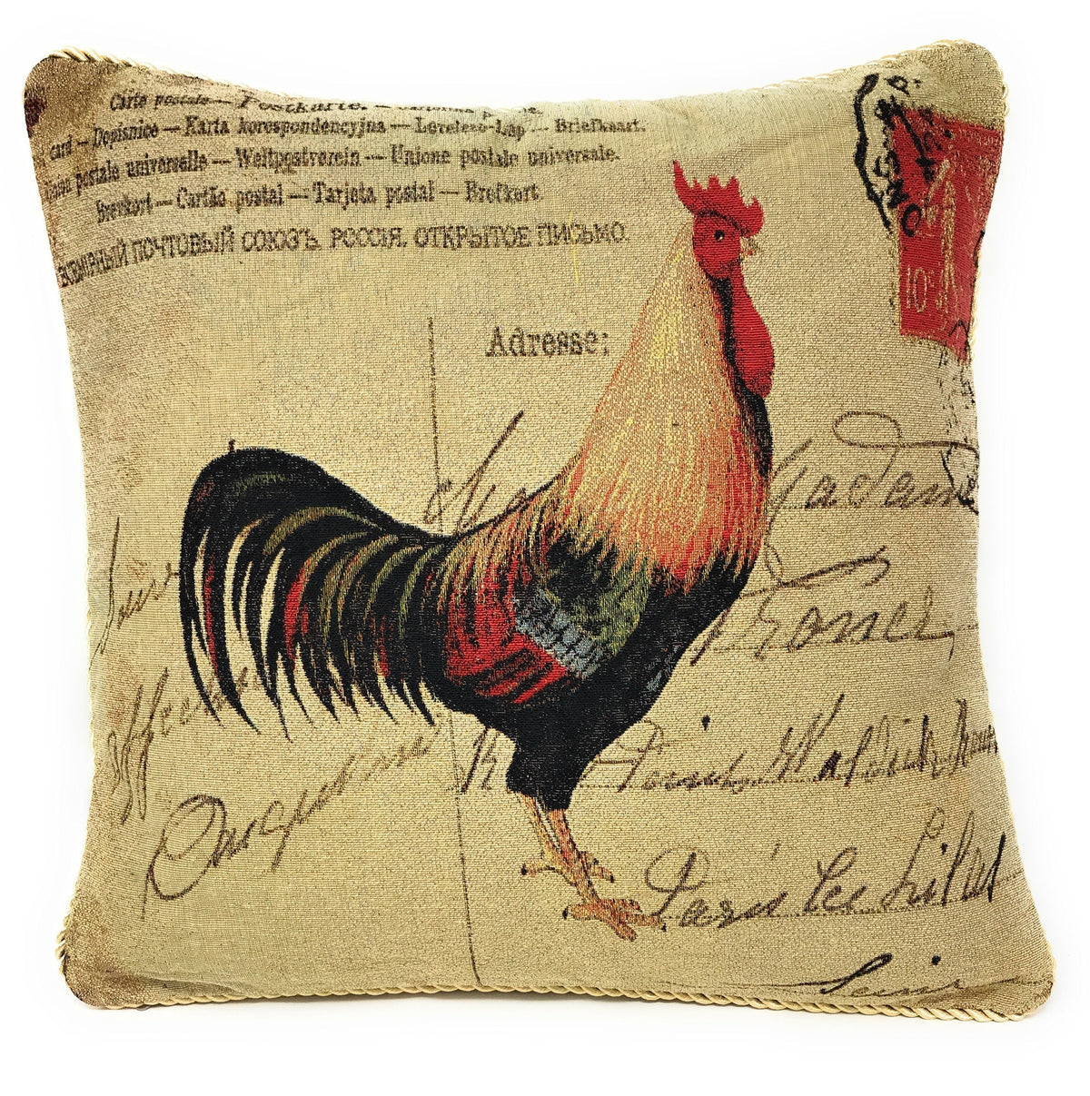 Decorative pillow with a rooster design on a beige background