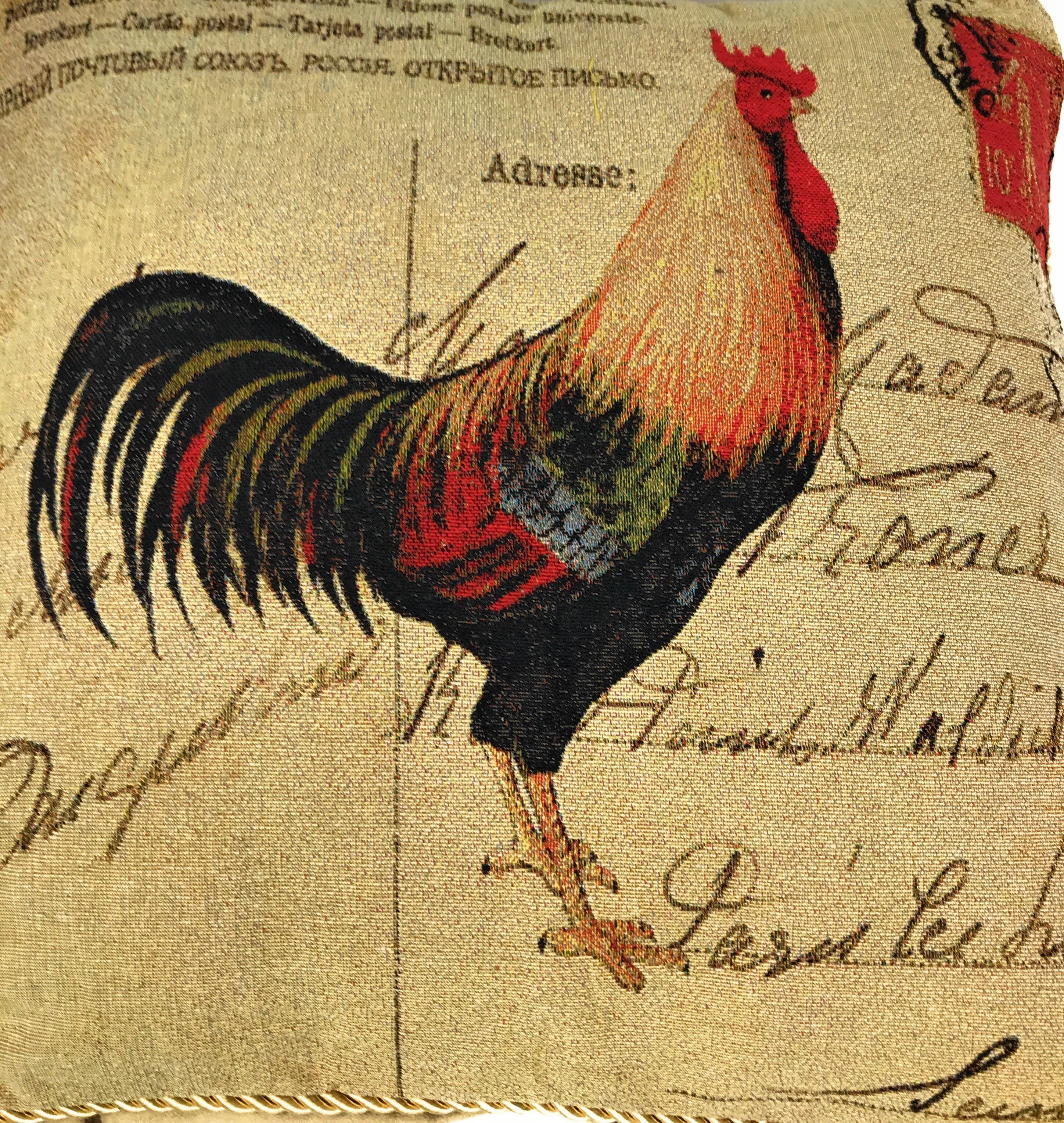 Rooster illustration on a textured background with text