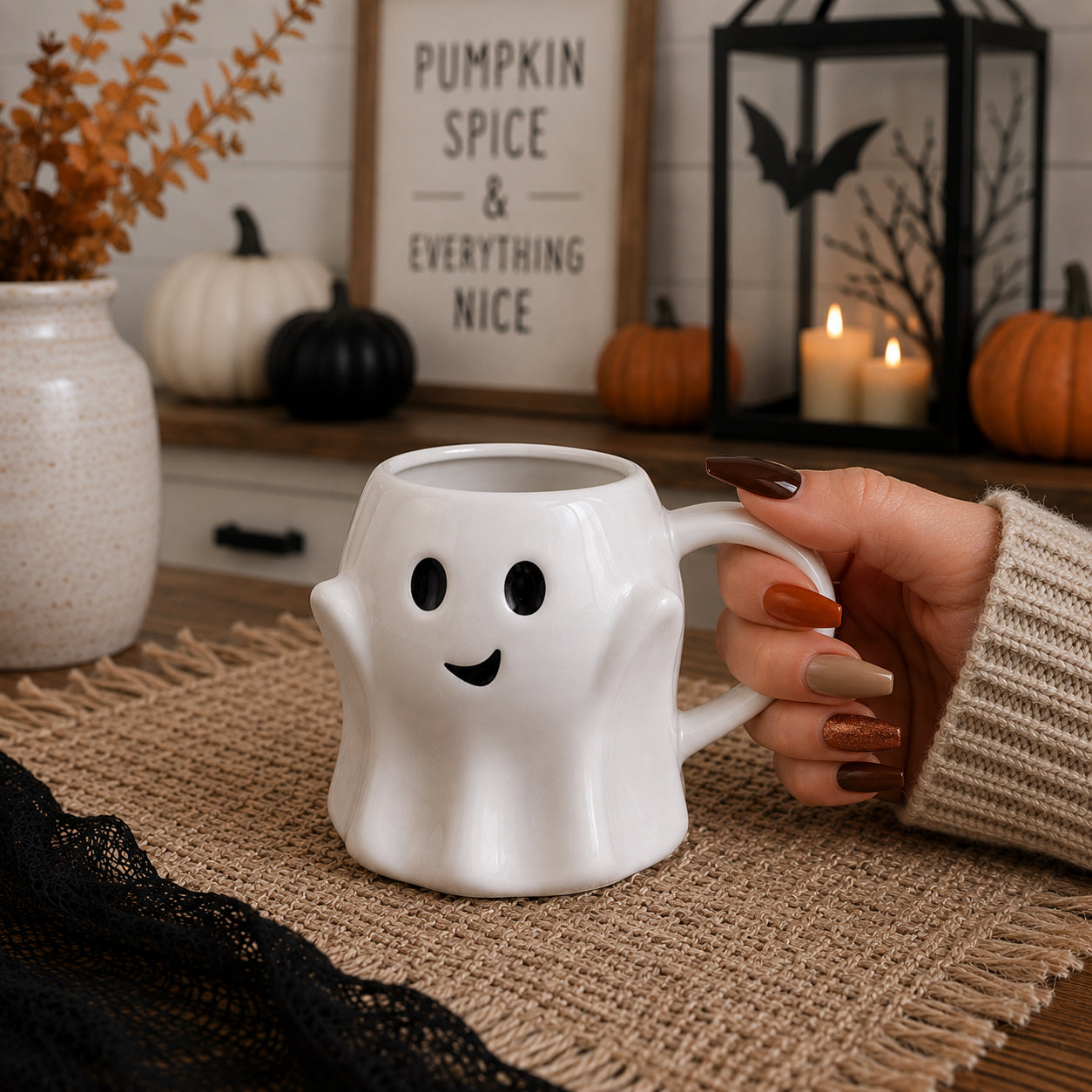Hand holding a ghost-shaped mug with Halloween decorations in the background