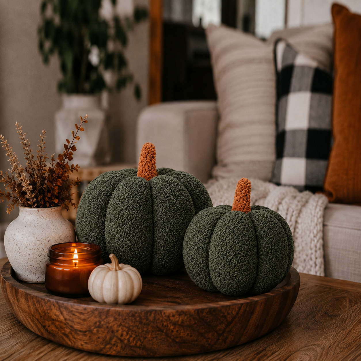 Decorative pumpkins on a wooden tray with a candle and plant in a cozy living room setting.