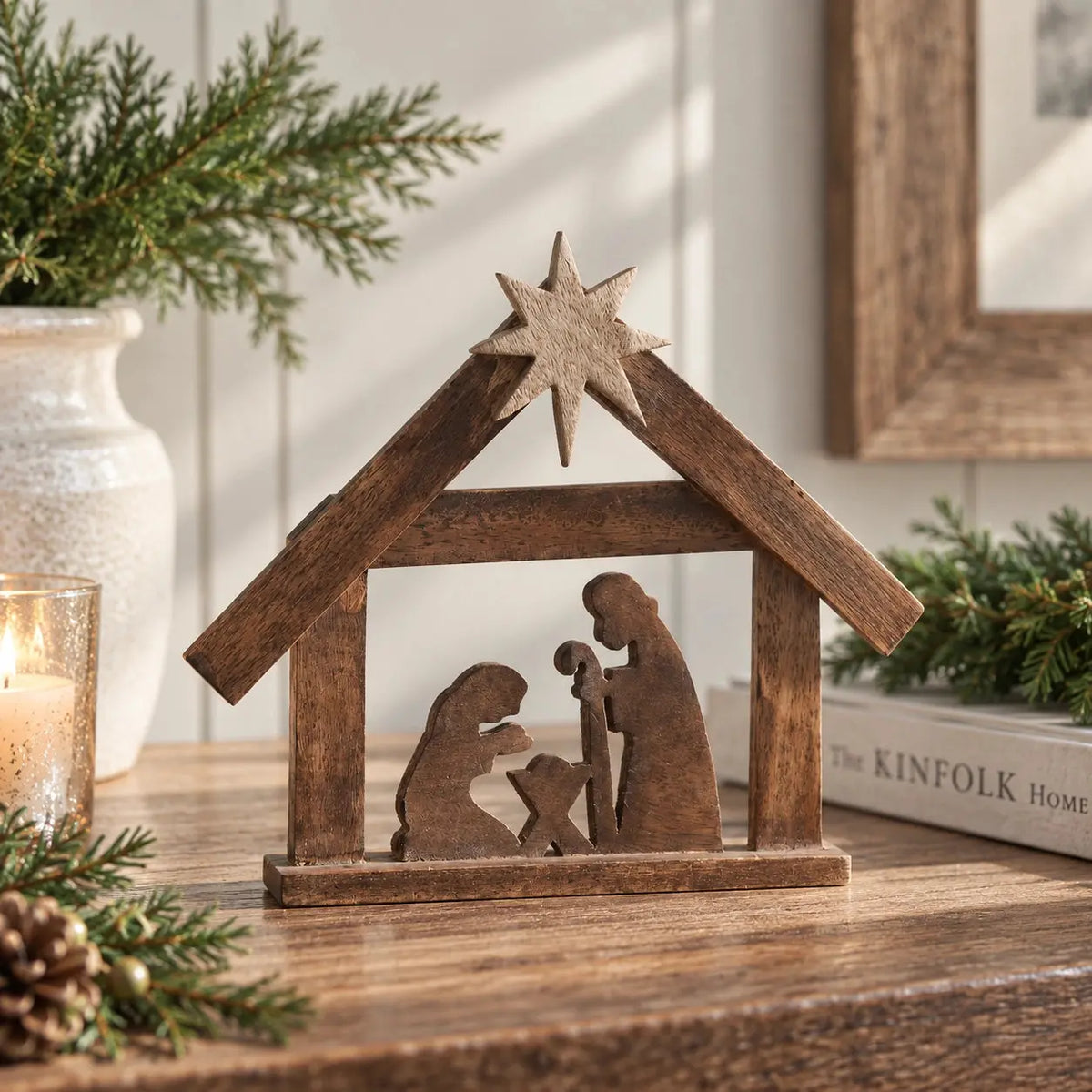 A Savior Is Born Dark Wooden Nativity Scene – 8.5x10
