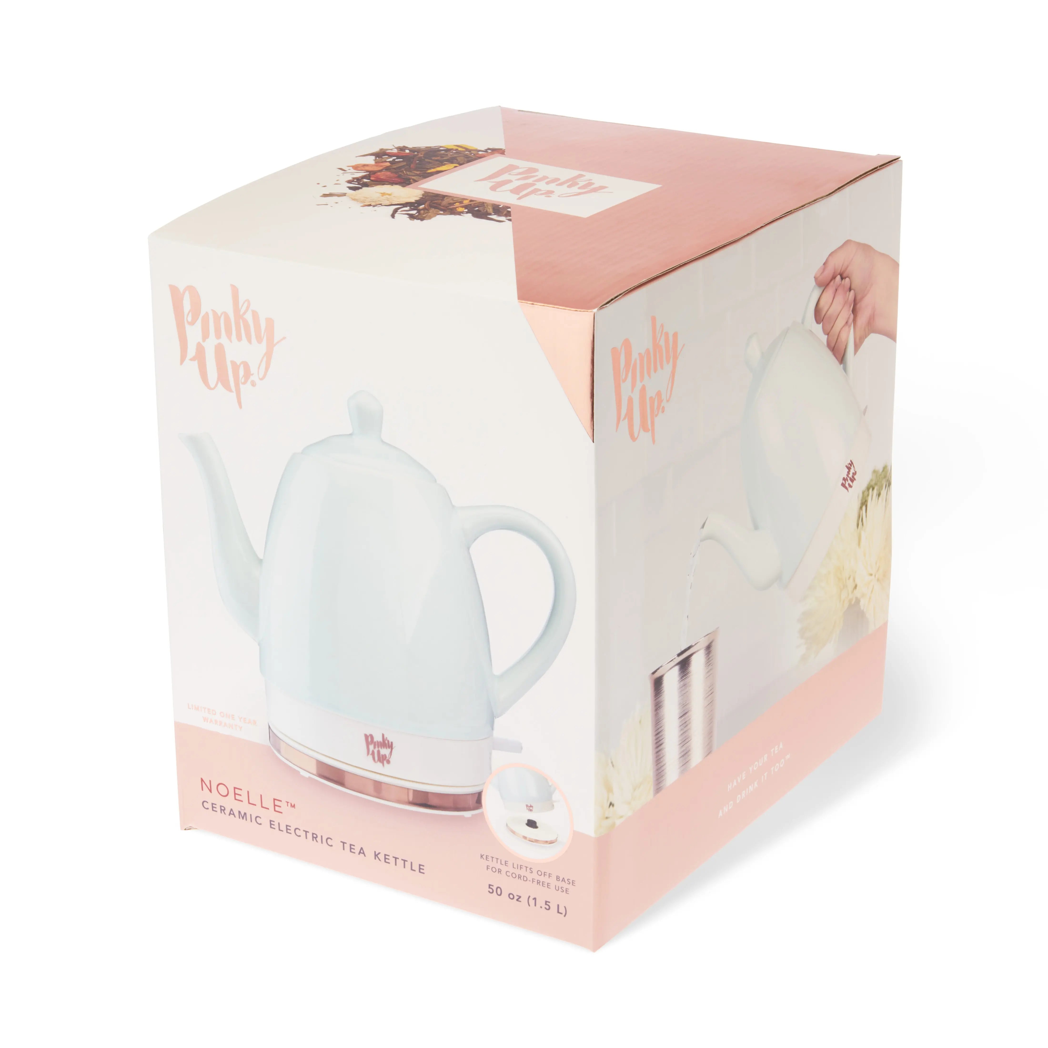 White electric tea kettle in a pink and white box with 'Pinkie Up' branding.