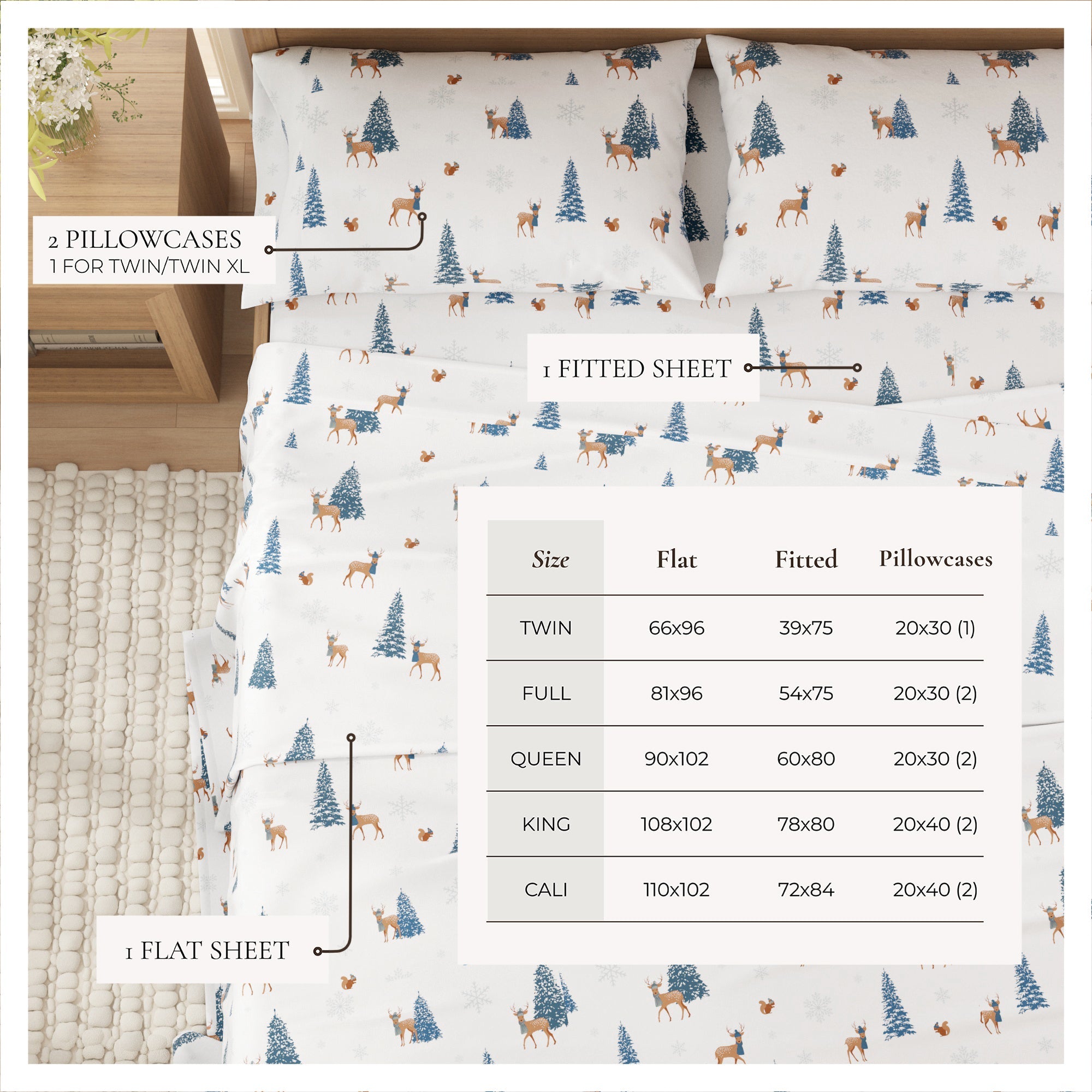 Bedding set with deer and tree pattern on a white background, including pillowcases and a fitted sheet.