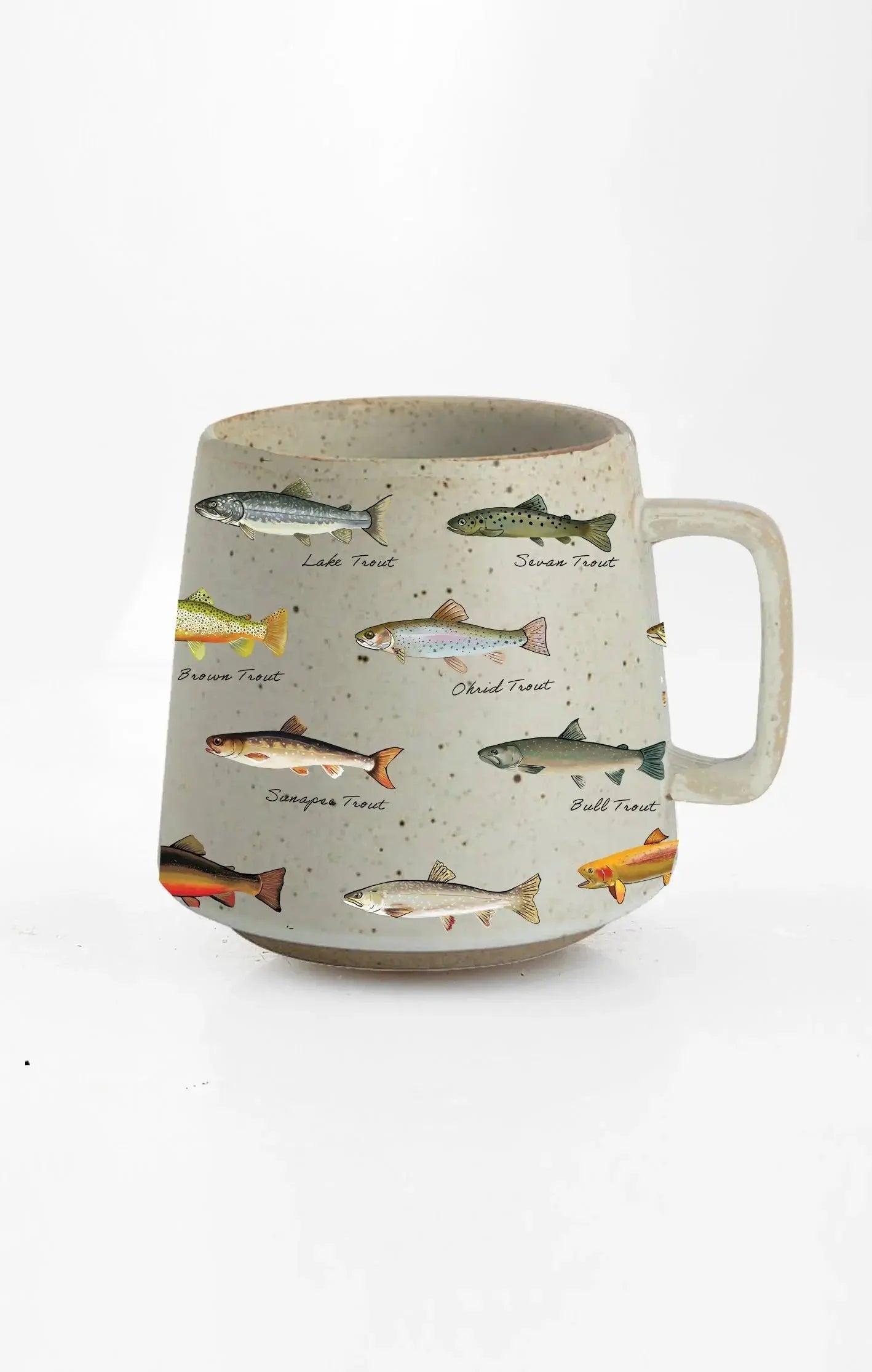 Speckled ceramic mug with illustrated trout species, perfect for cozy farmhouse decor and fishing enthusiasts.
