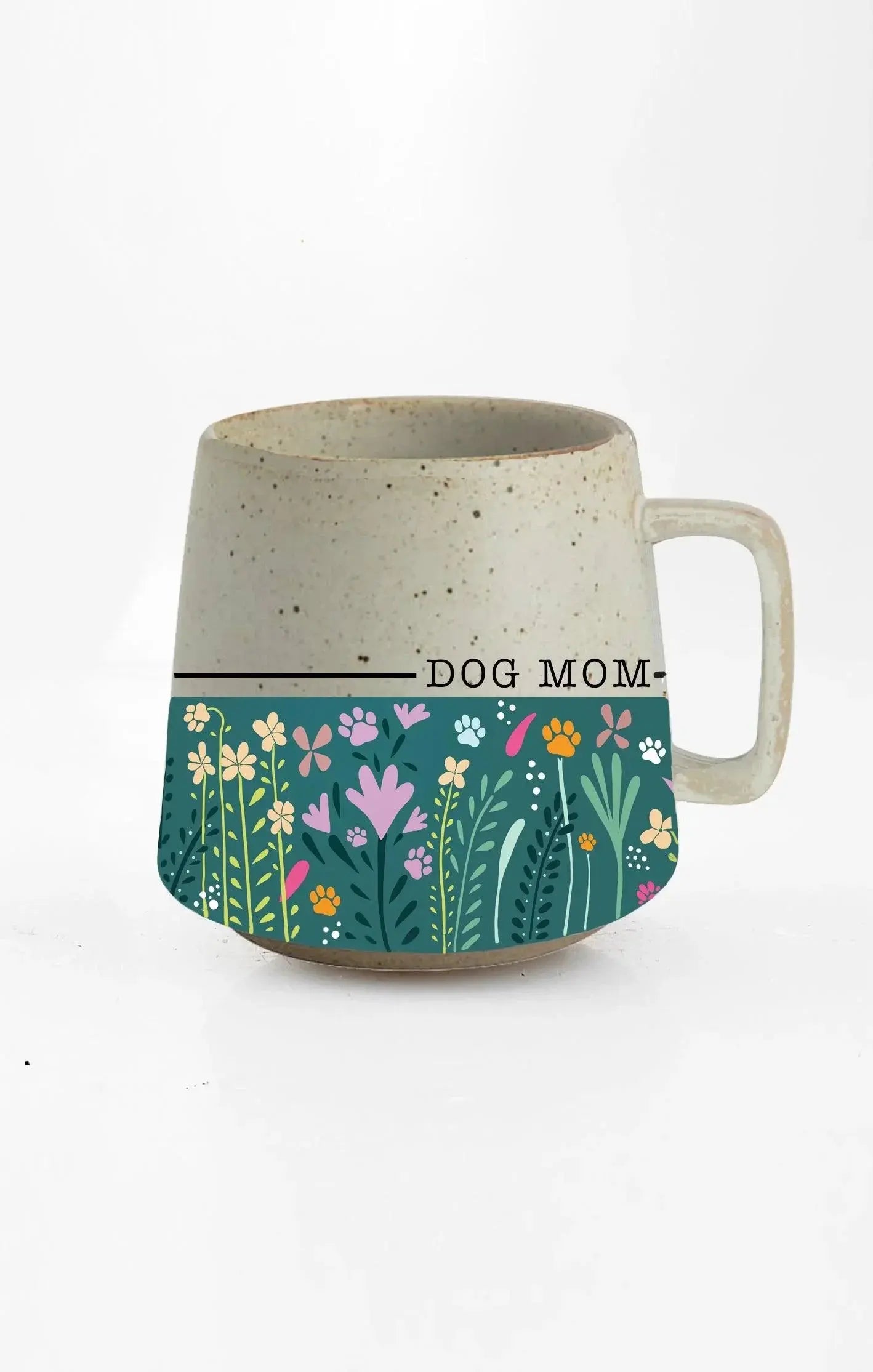 Dog Mom ceramic mug with floral and paw print design, cozy farmhouse style home decor