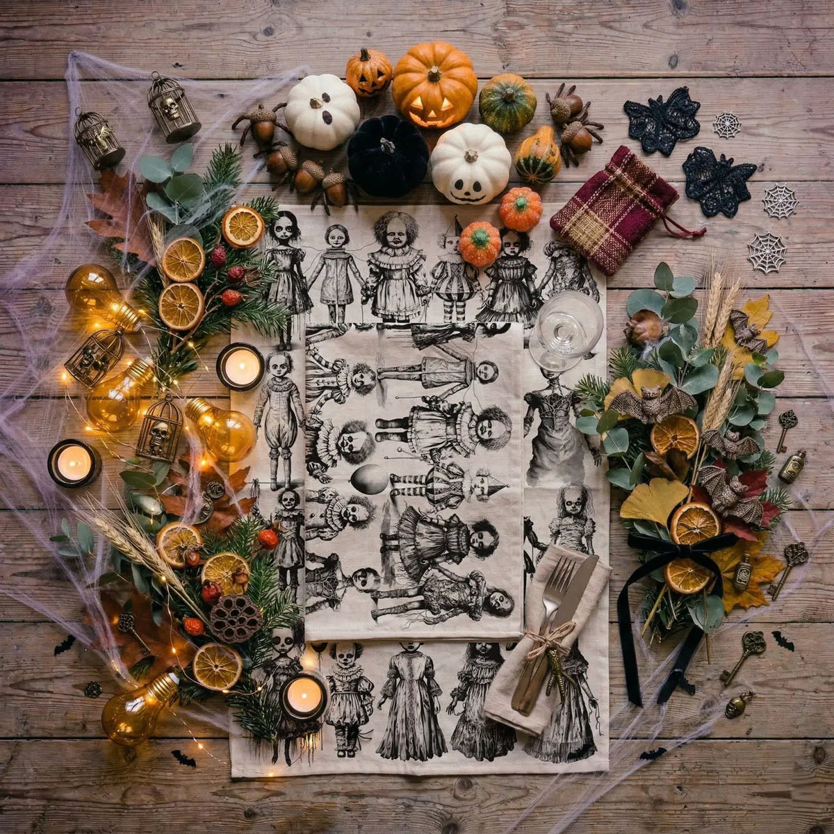 Decorative arrangement with Halloween-themed items on a wooden surface