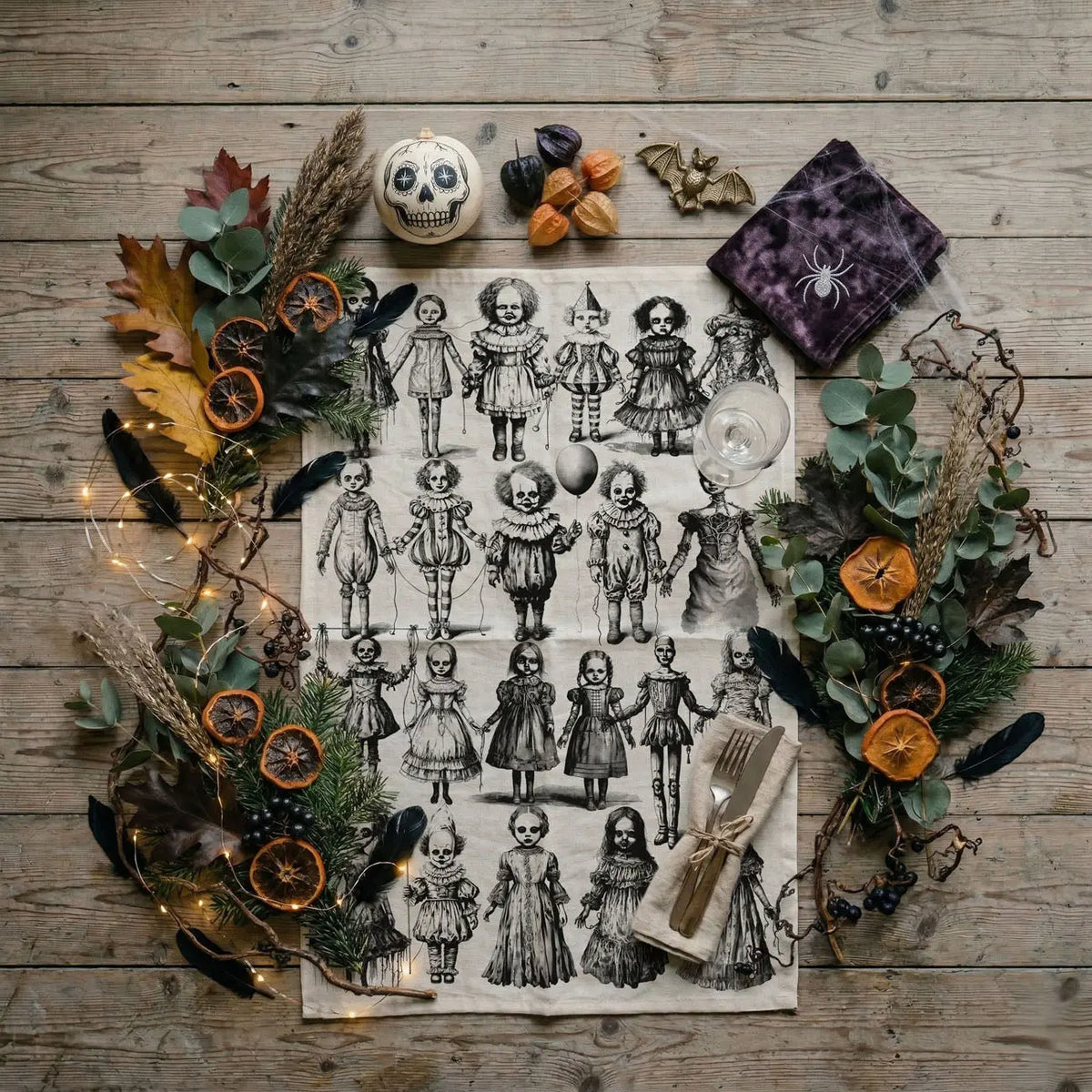 Sheet of black and white illustrations of dolls on a wooden surface with Halloween decorations.