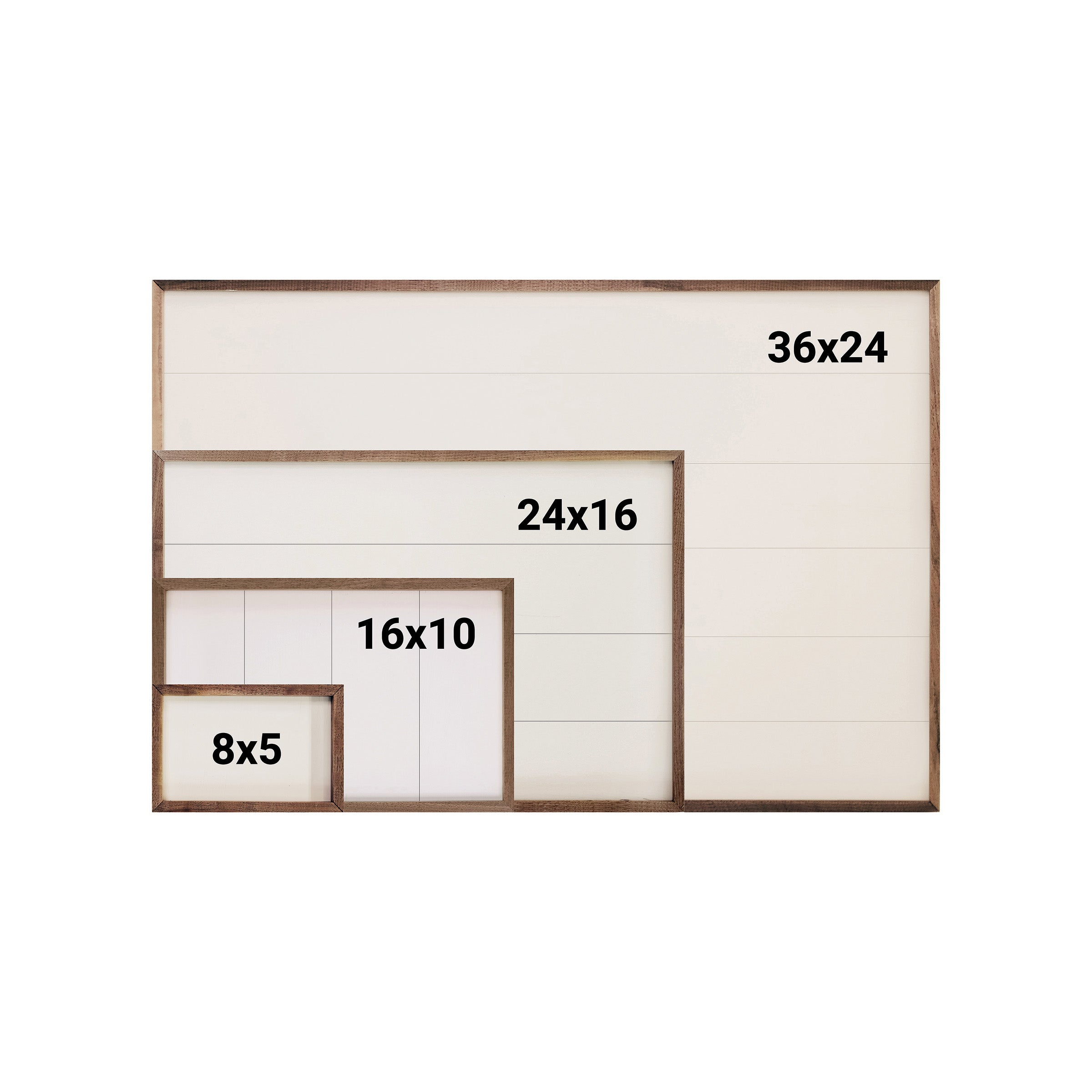 Set of wooden picture frames with dimensions labeled on a white background