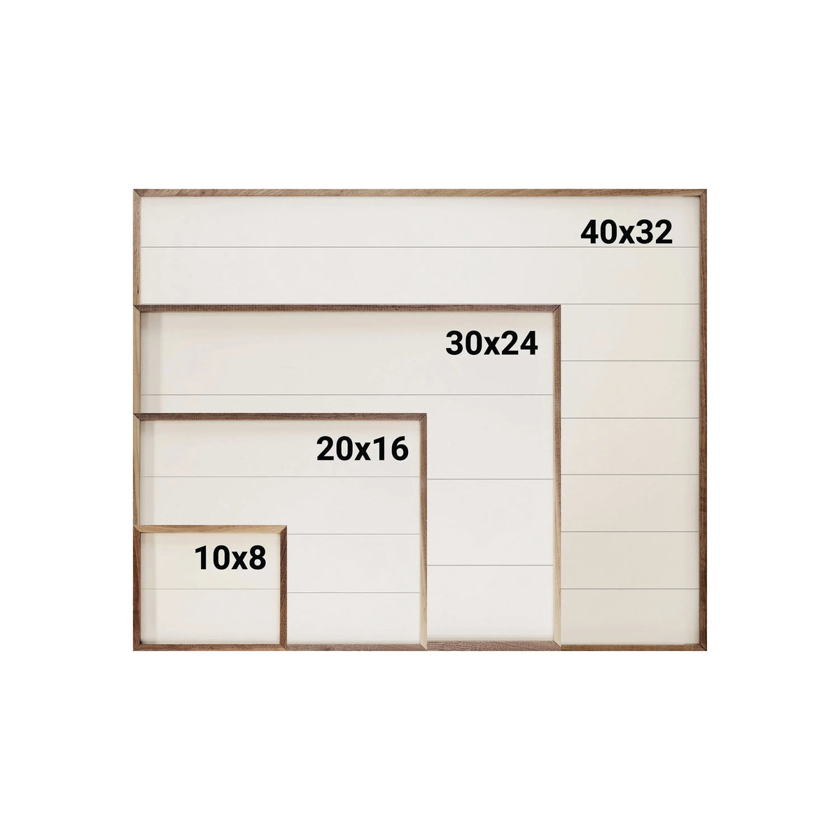 Set of wooden frames with dimensions labeled on a white background