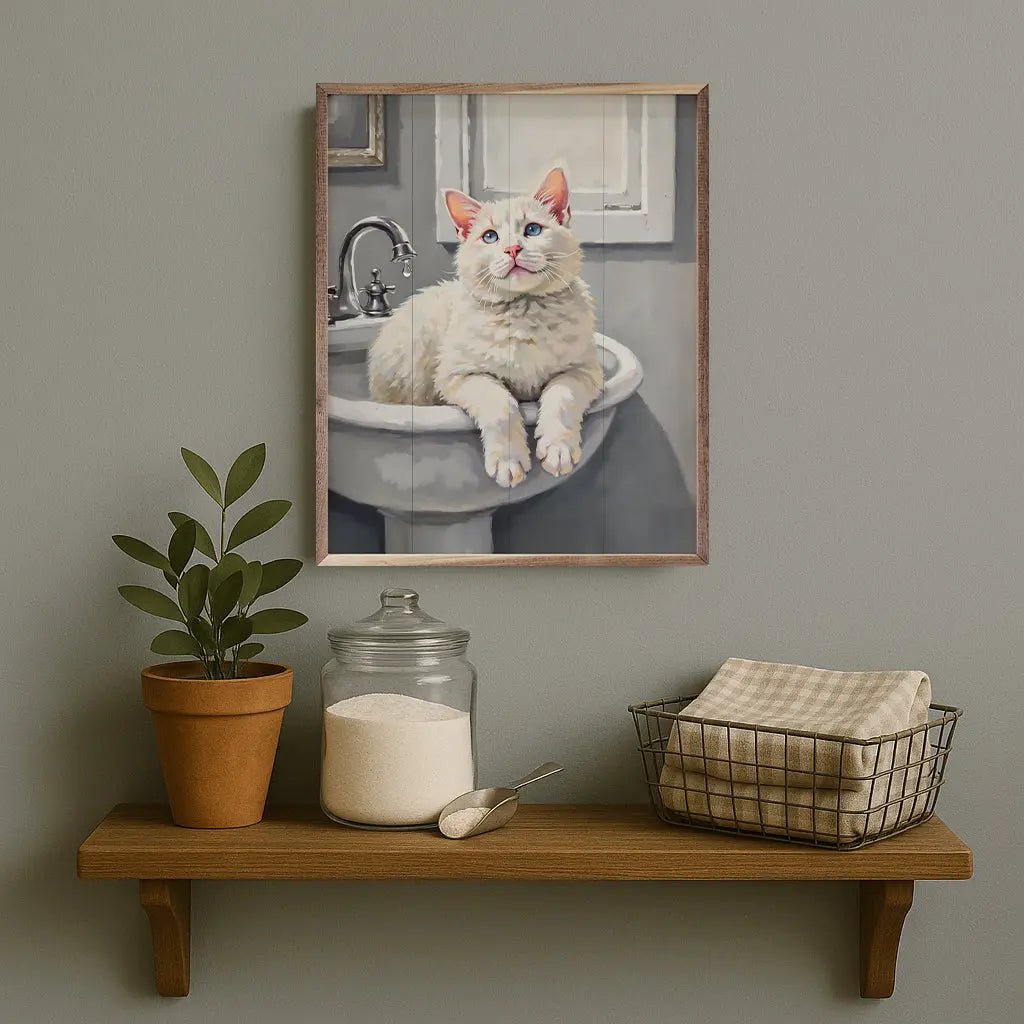 Framed artwork of a cat on a sink above a wooden shelf with decorative items.