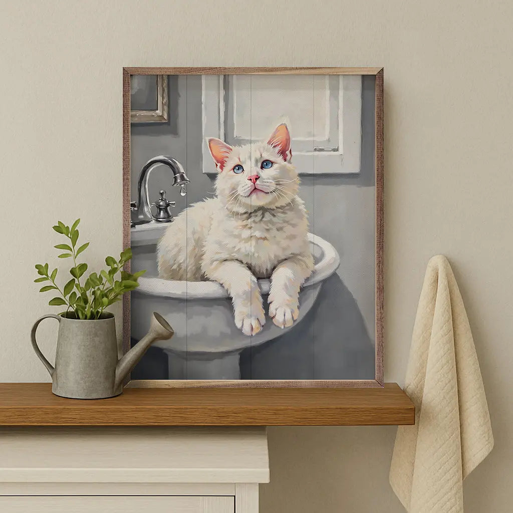 Framed artwork of a cat sitting on a toilet in a bathroom setting.