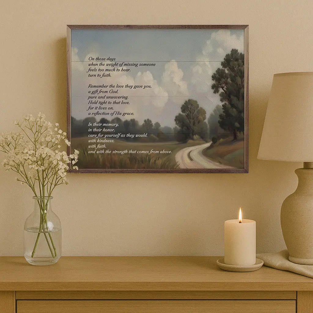 Framed landscape painting with a poem on a wall above a wooden console table with a vase, candle, and lamp.