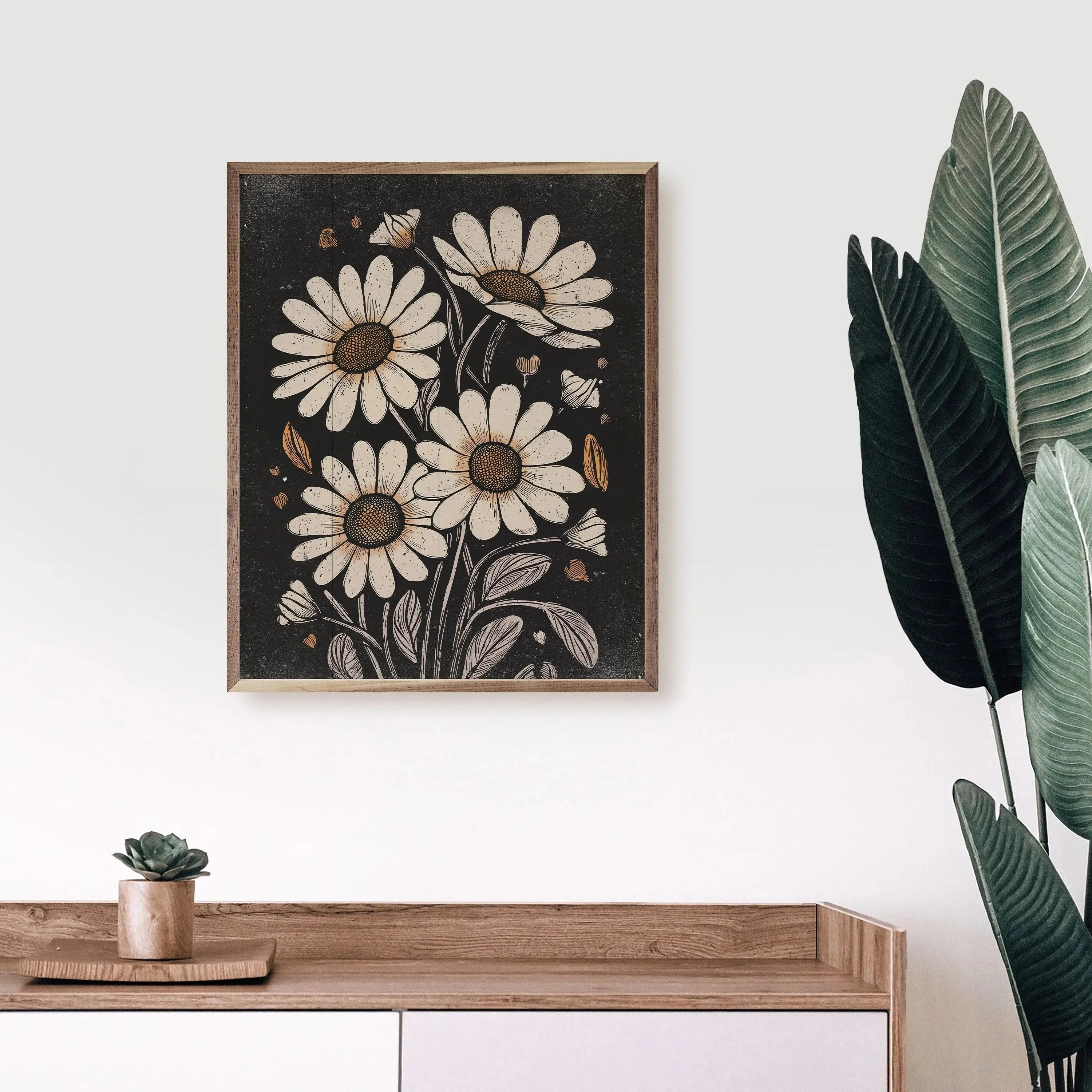 Framed daisy wall art with rustic farmhouse style, perfect for cozy cottage decor and living spaces.