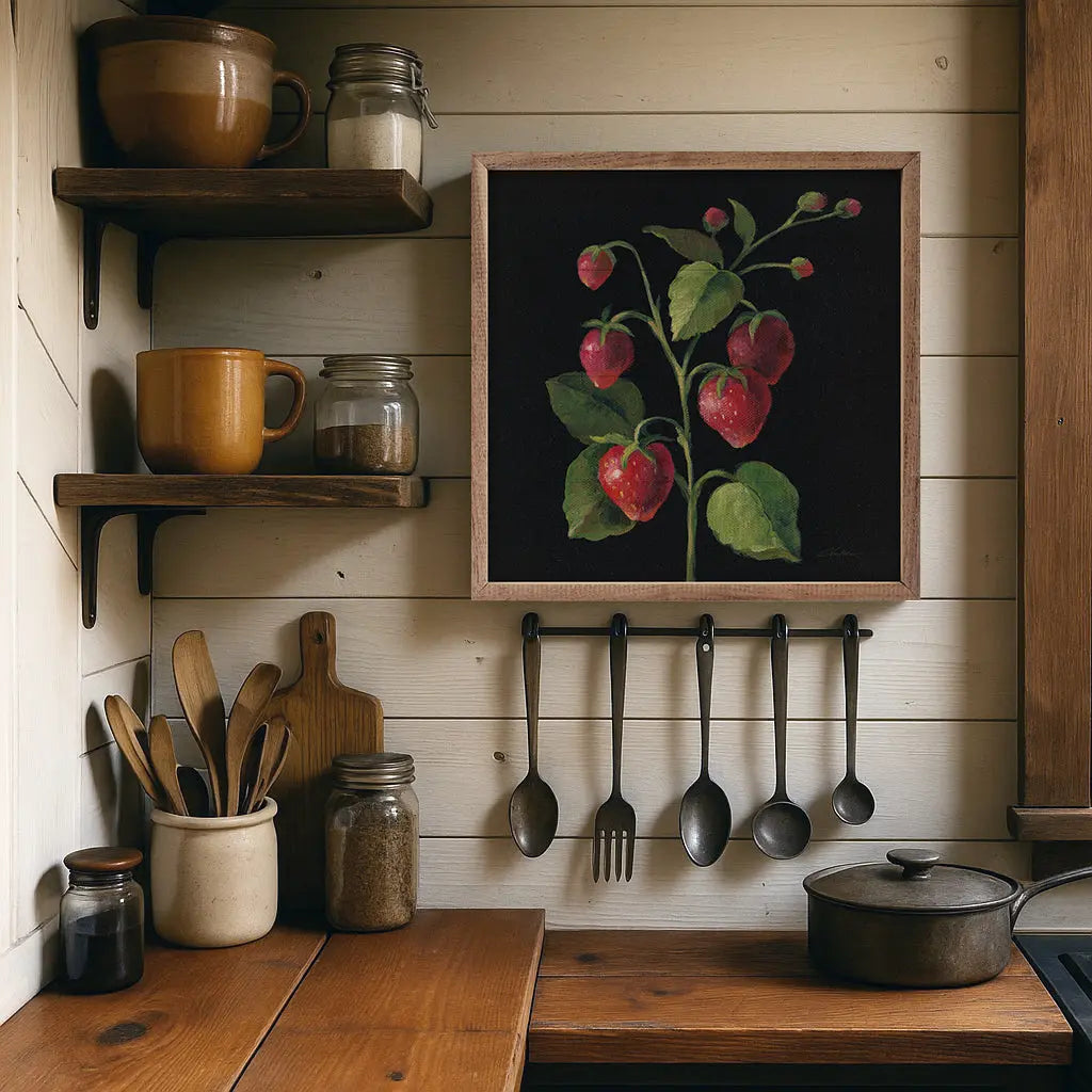 Nostalgic kitchen corner with wooden shelves, utensils, and a framed artwork of cherries.