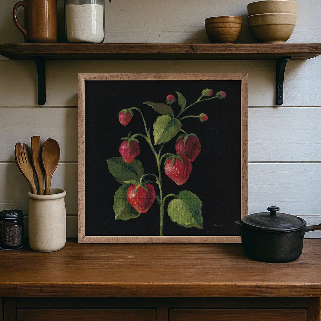 Framed botanical print of red berries on a wooden shelf with kitchen items.