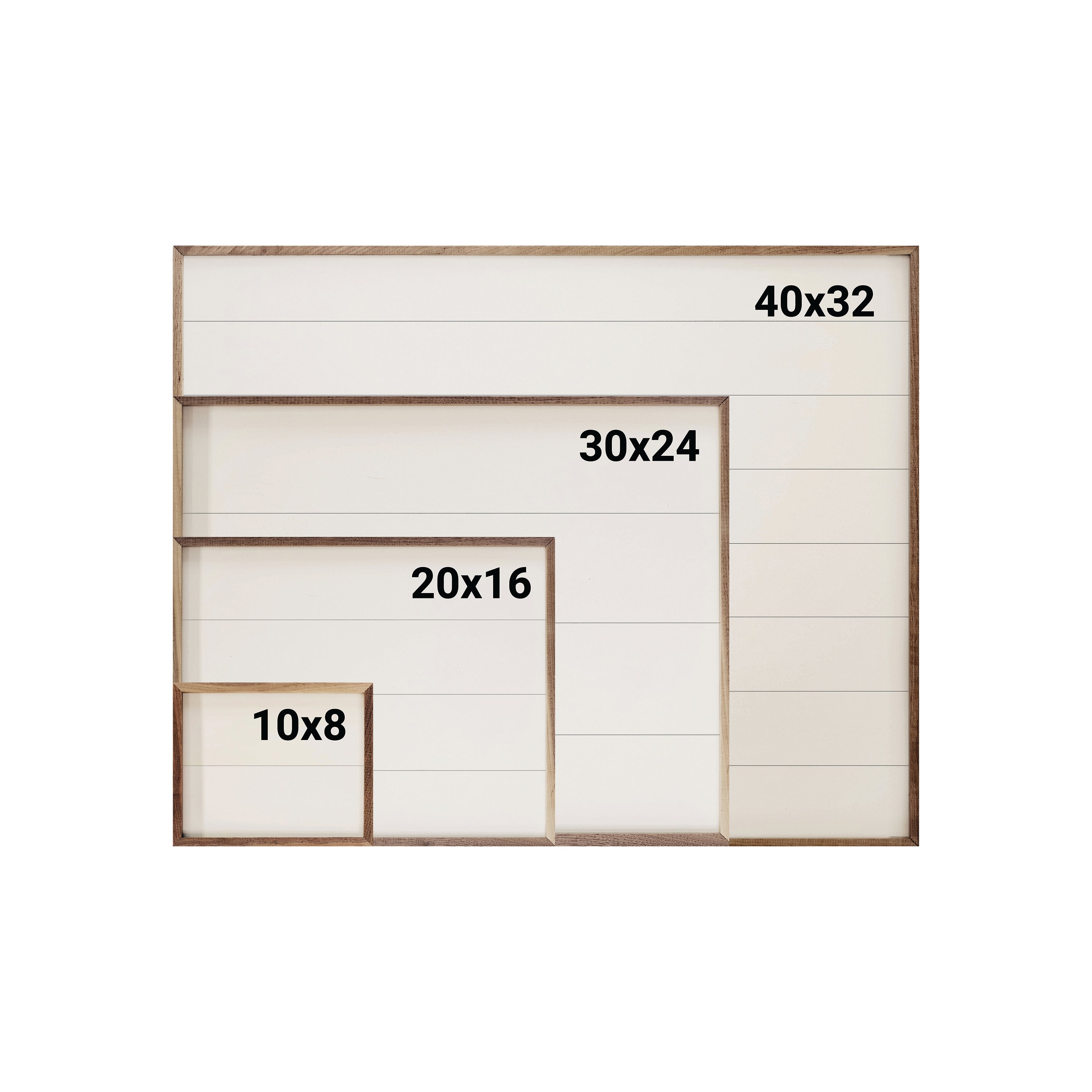 Set of wooden frames with dimensions labeled on a white background