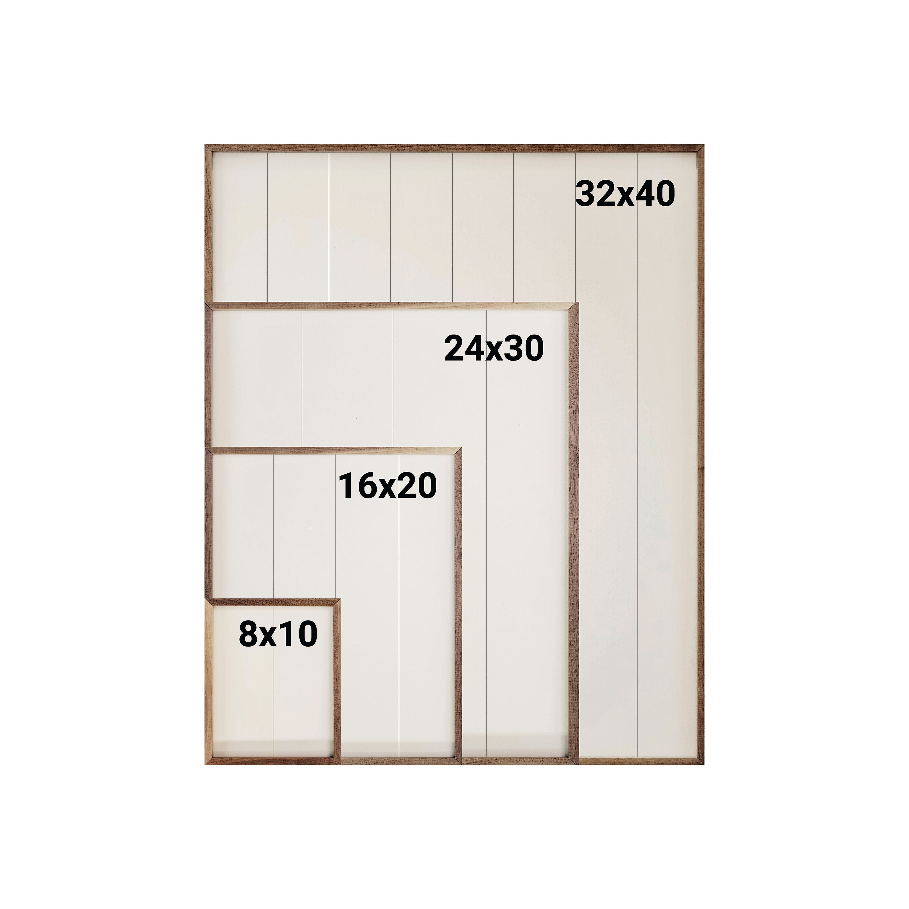 Set of wooden picture frames with dimensions labeled on a white background