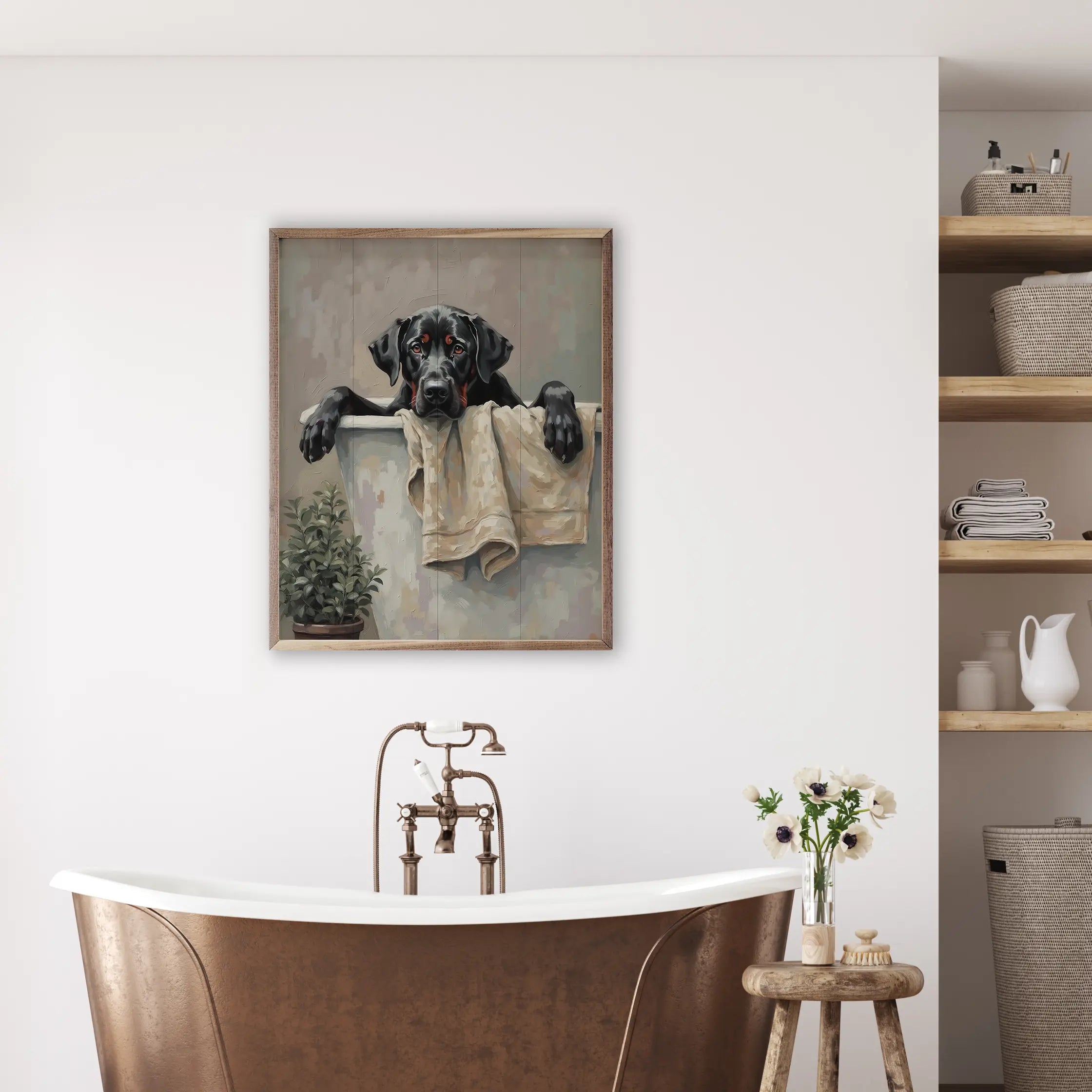 Framed artwork of a dog on a towel above a freestanding bathtub in a bathroom.