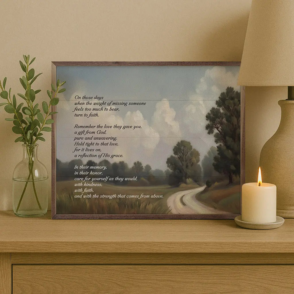 Framed landscape print with a poem on a wooden surface with a candle and plant.