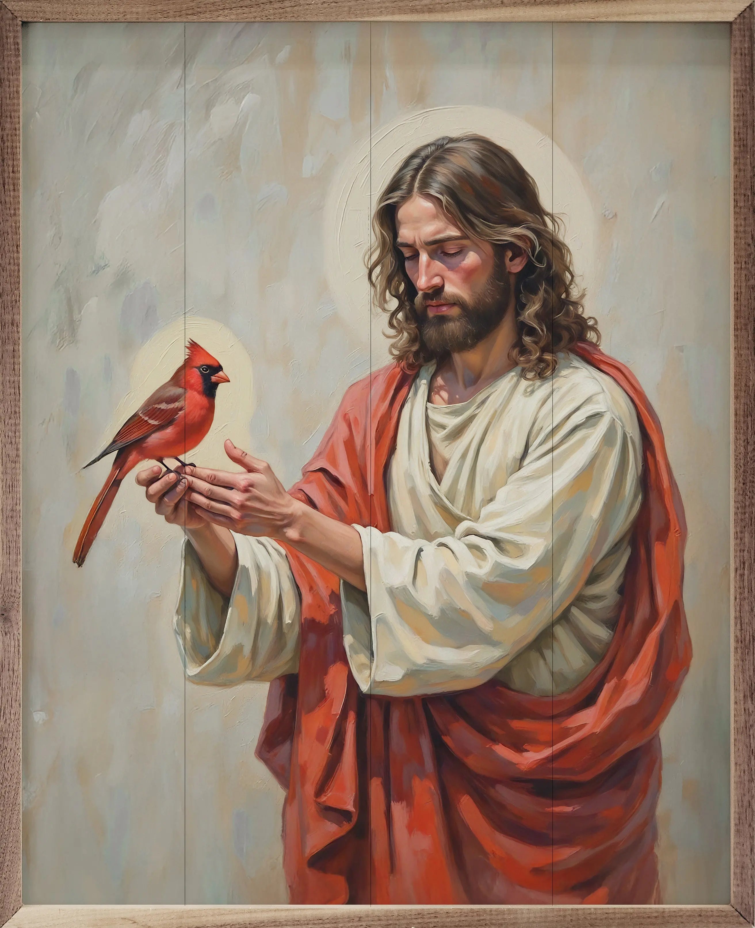 Painting of a robed figure holding a red cardinal bird against a neutral background.