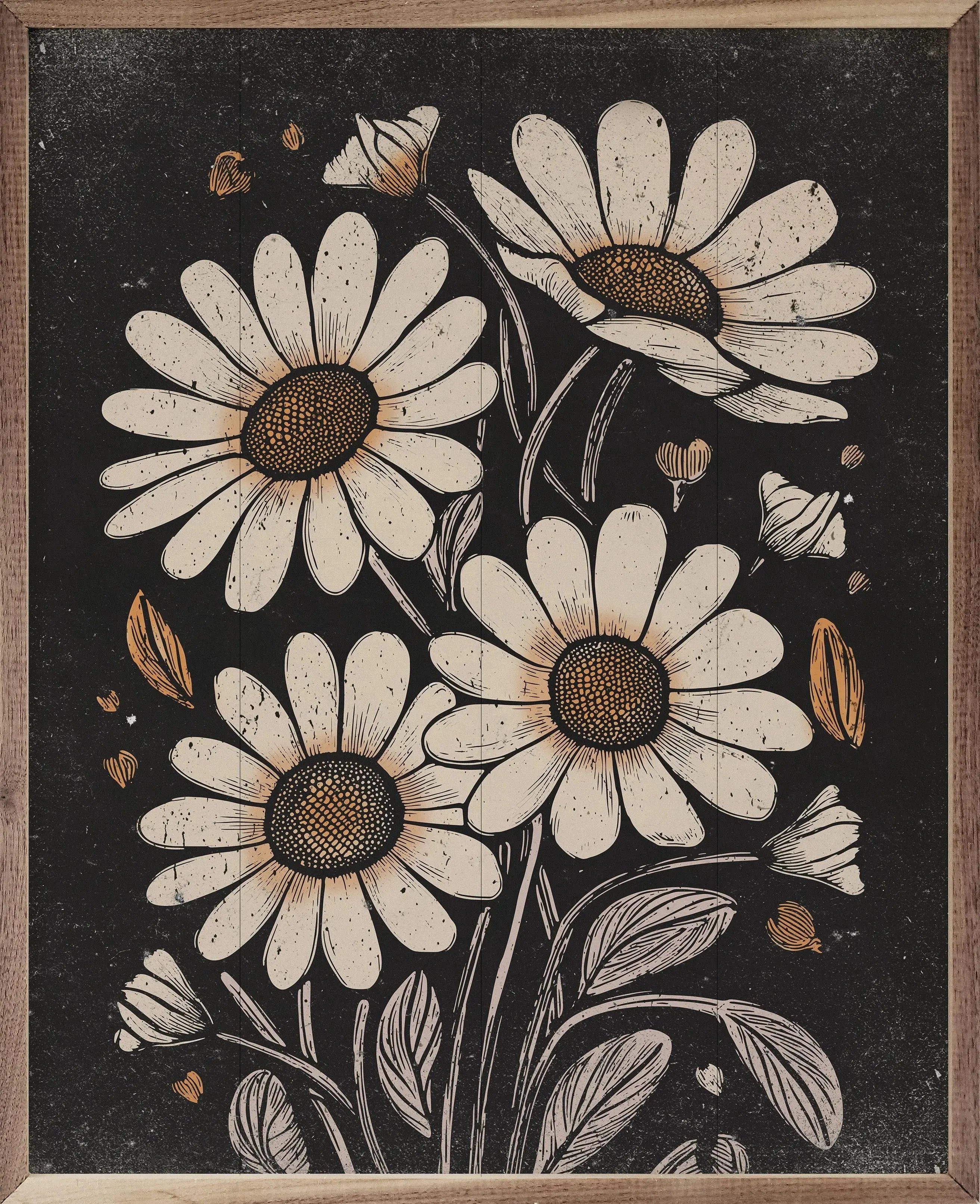 Framed rustic daisy wall art with vintage farmhouse style, perfect for cozy cottage decor