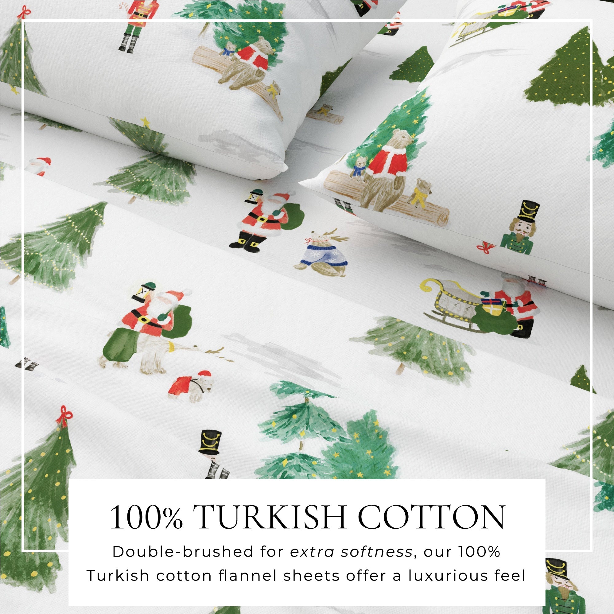Christmas-themed flannel sheets with trees and Santa Claus on a white background.
