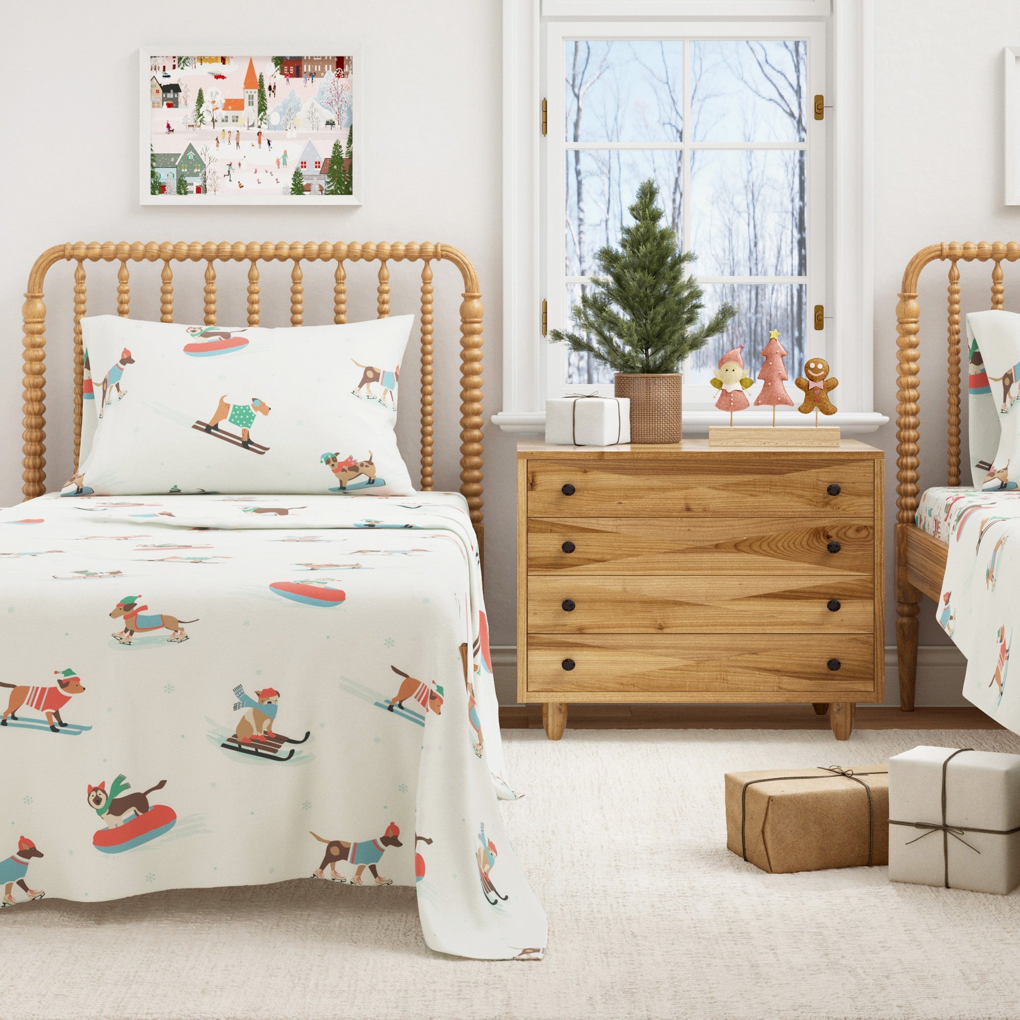 Children's bedroom with wooden furniture, Christmas decorations, and a festive theme.