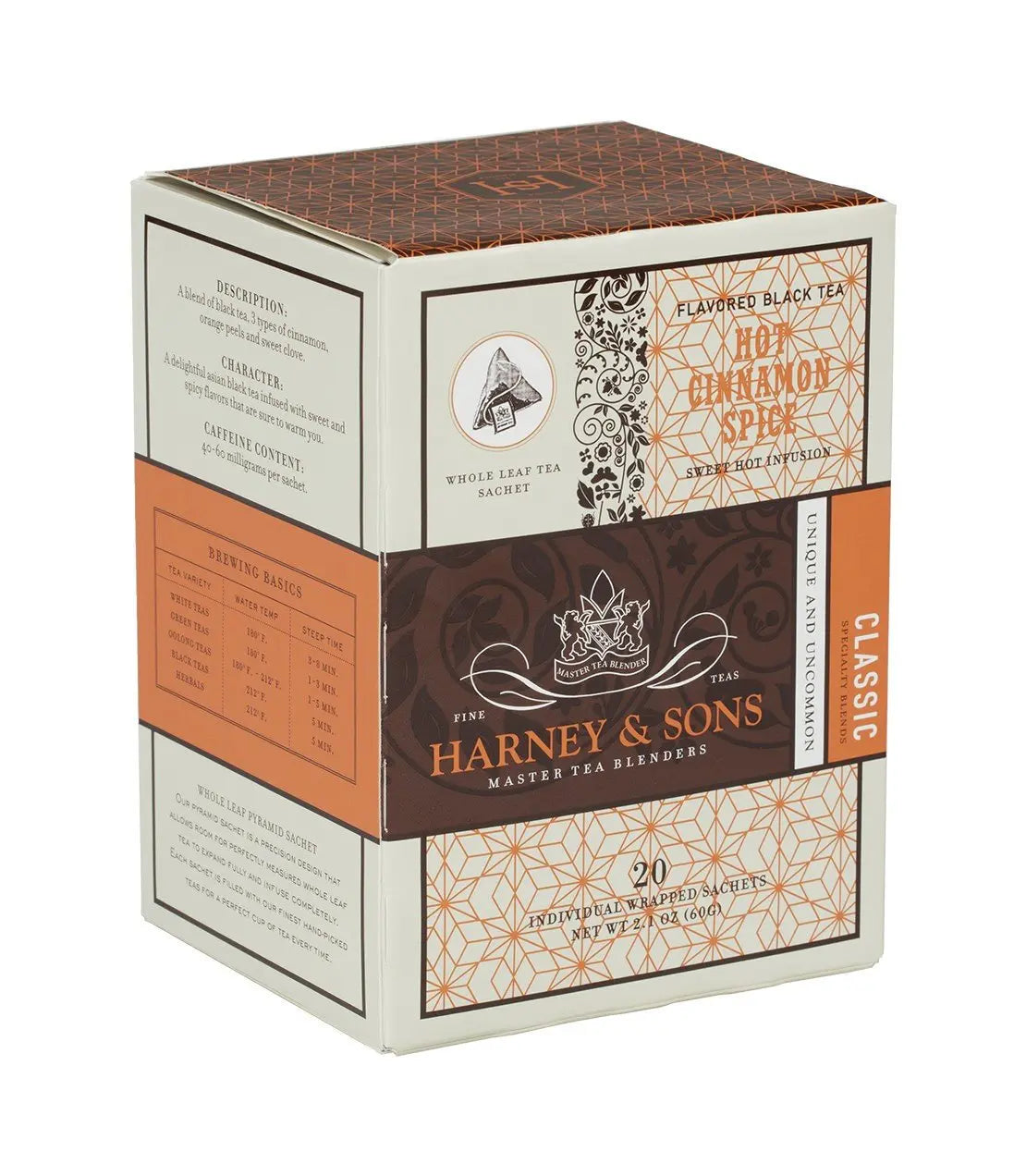 Hot Cinnamon Spice flavored black tea, 20 whole leaf pyramid sachets by Harney & Sons, cozy home tea gift