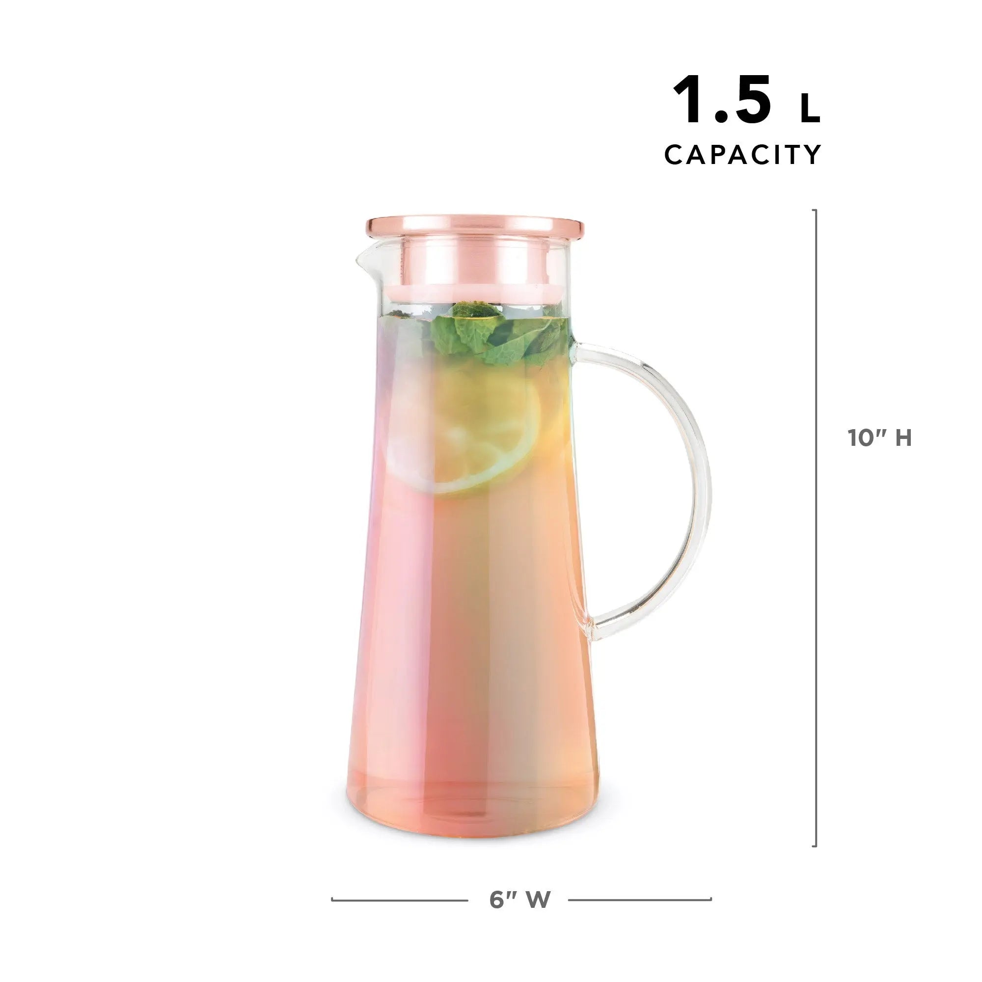 Glass carafe with copper accents filled with a drink, garnished with lime and mint, on a white background with dimensions displayed.