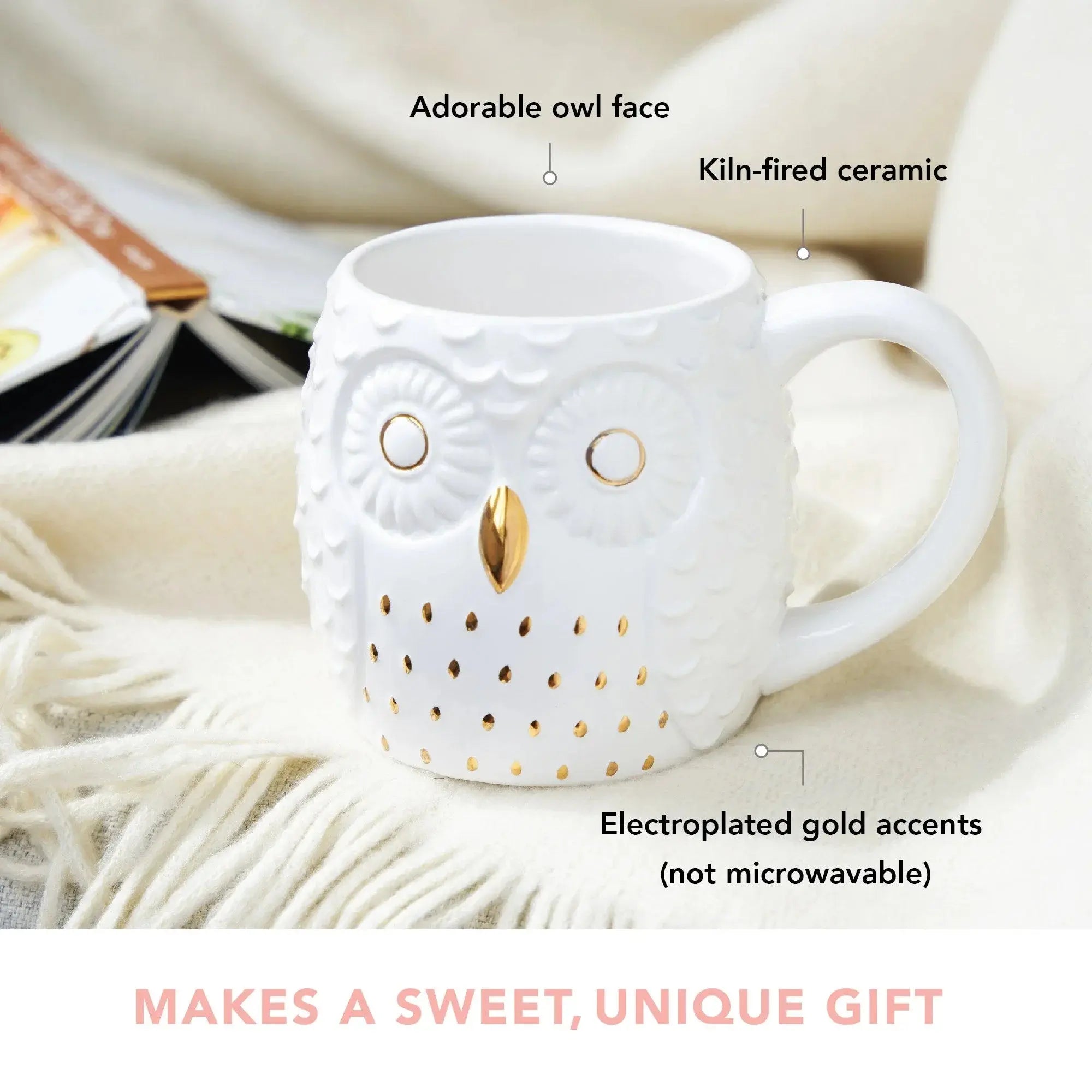White owl mug sitting on a beige throw