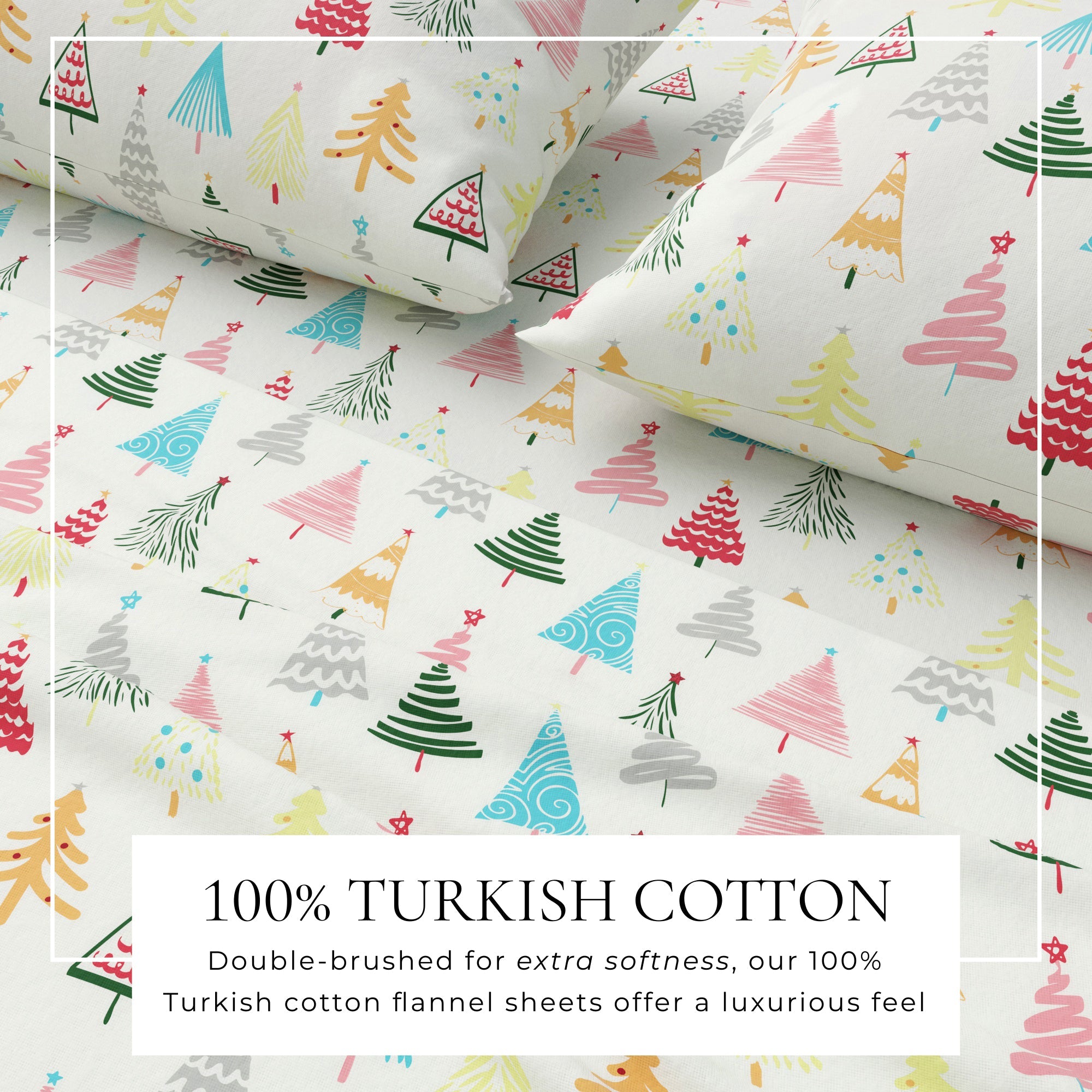 Colorful tree-patterned flannel sheets on a white background with text about Turkish cotton.