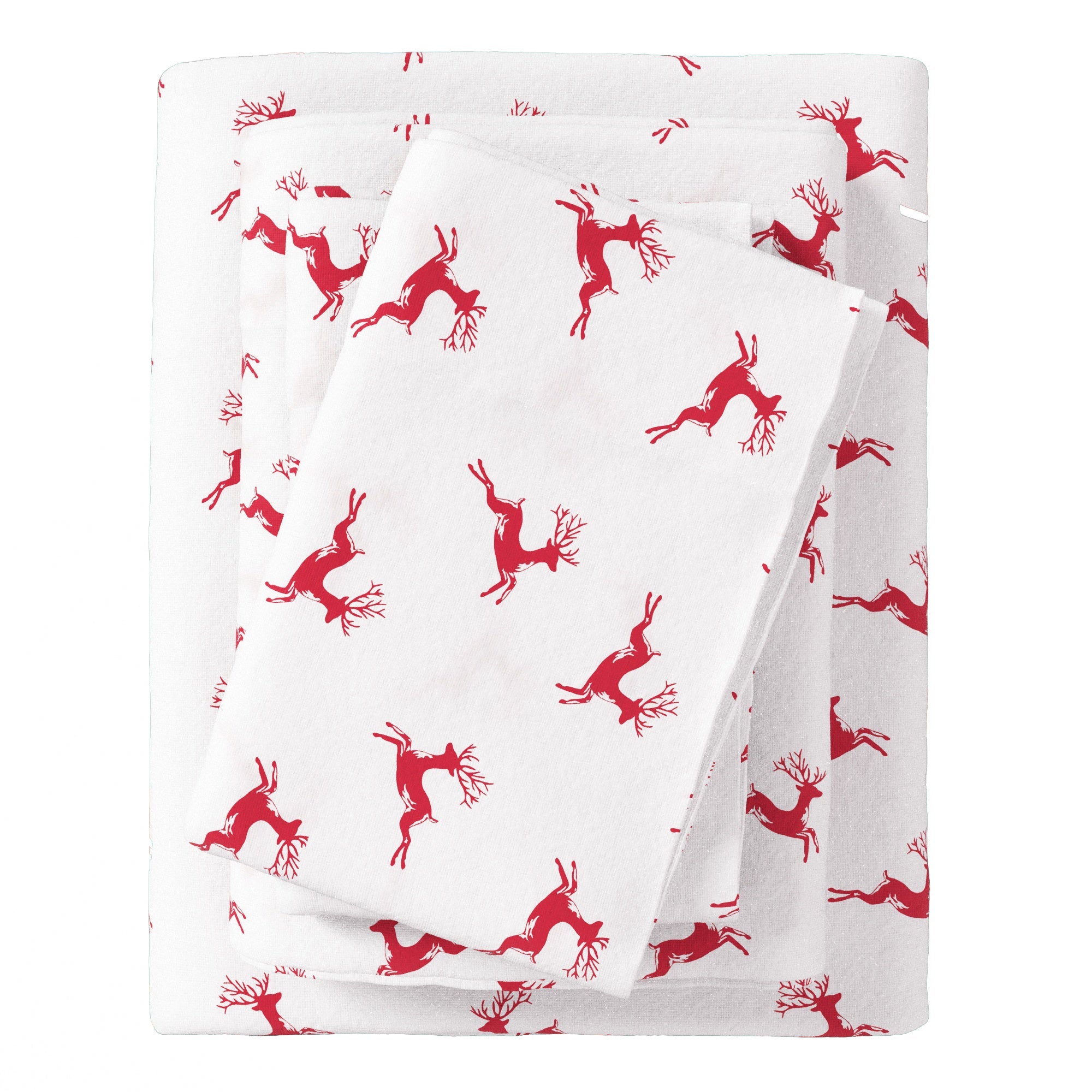 White fabric with red deer pattern on a white background