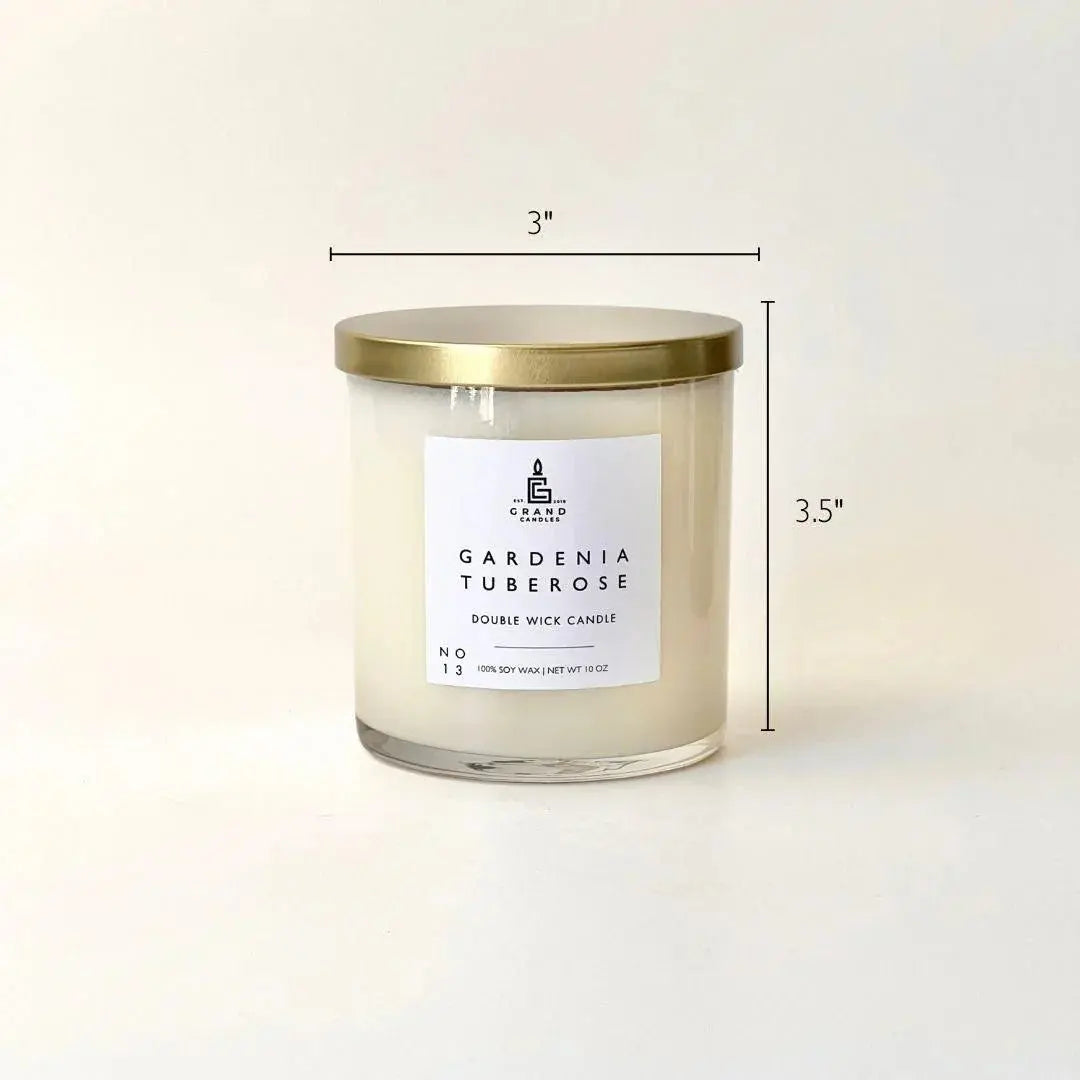 Gardenia Tuberose double wick soy candle in glass jar with gold lid, 3.5 inches tall, cozy home decor