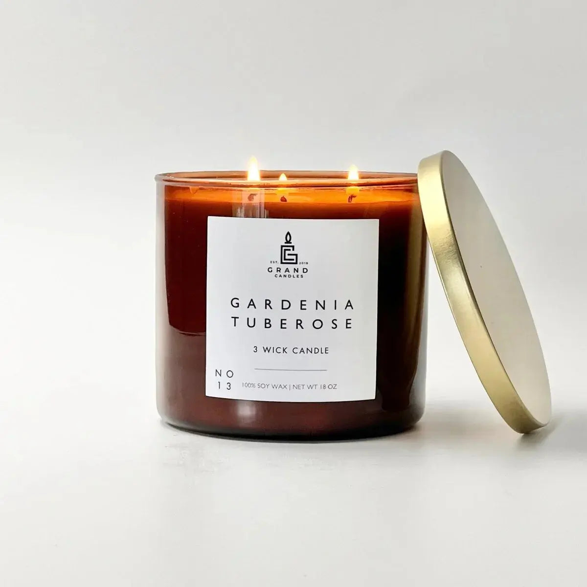 Gardenia Tuberose 3-wick soy candle in amber jar with gold lid, cozy home decor