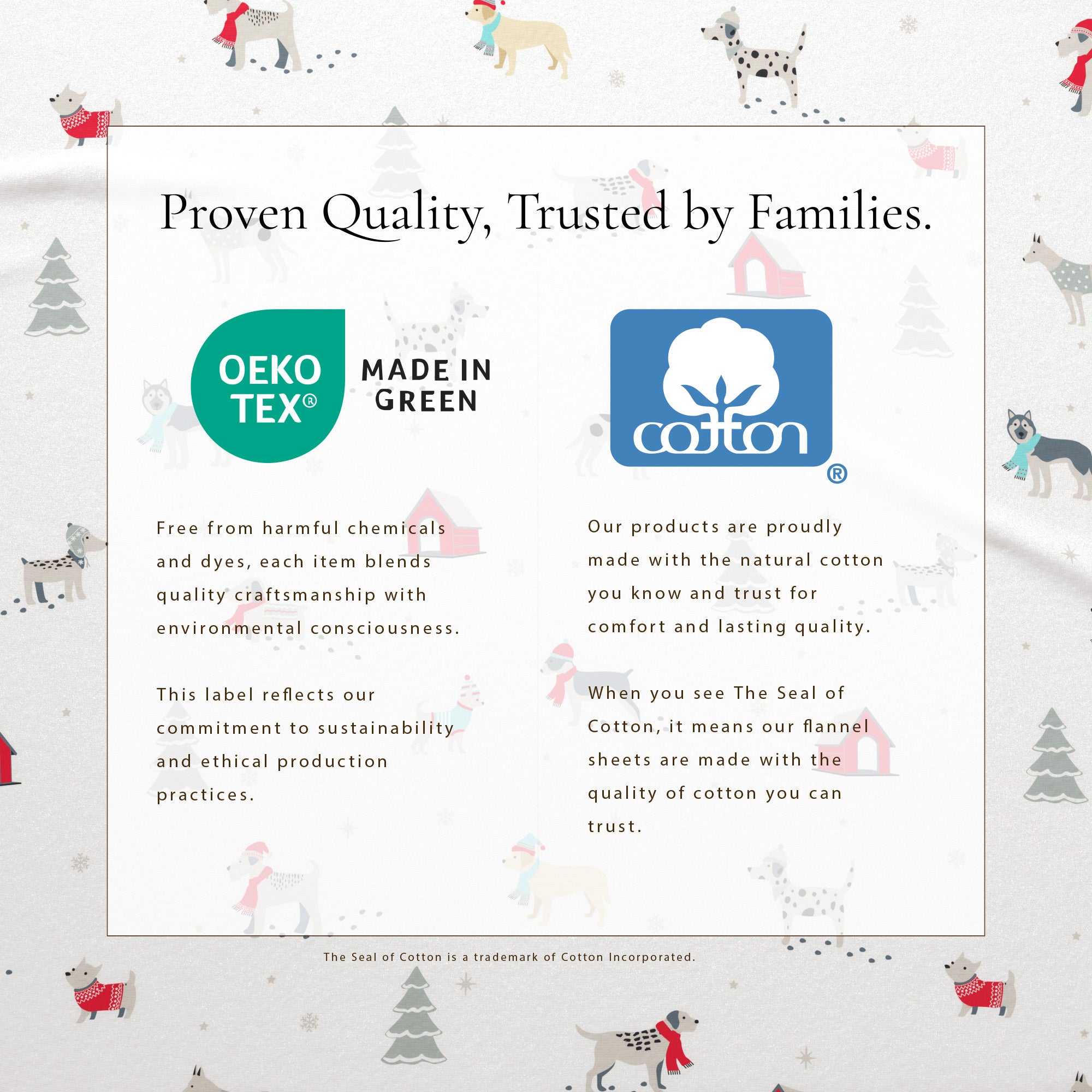 Product packaging with Oeko-Tex and Cotton logos and text on a patterned background.