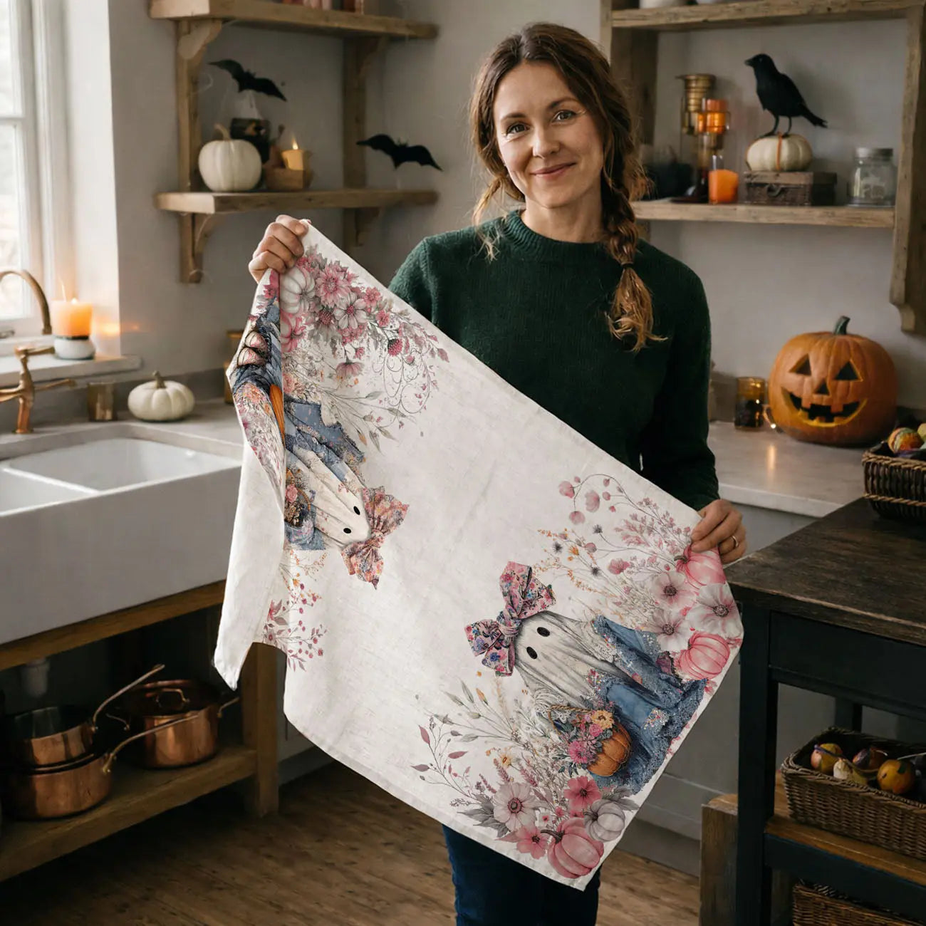 Woman holding a decorative towel with Halloween-themed designs in a kitchen.