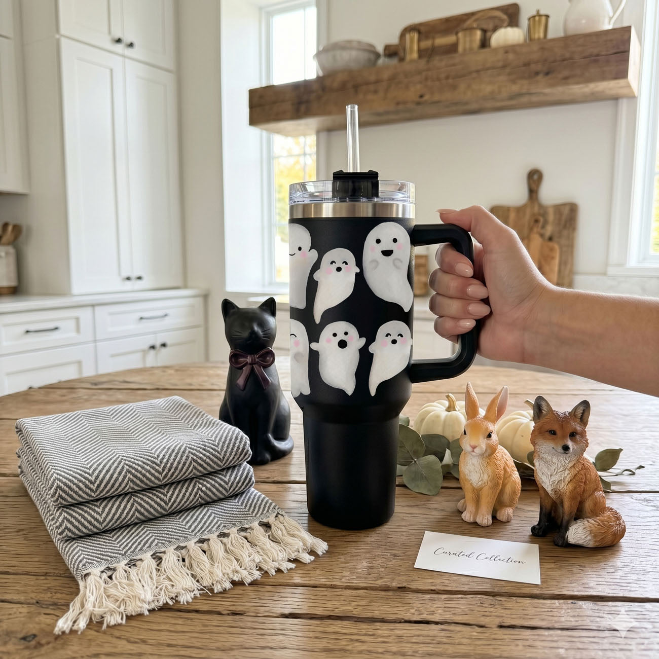 Person holding a black mug with white ghost designs in a kitchen setting.