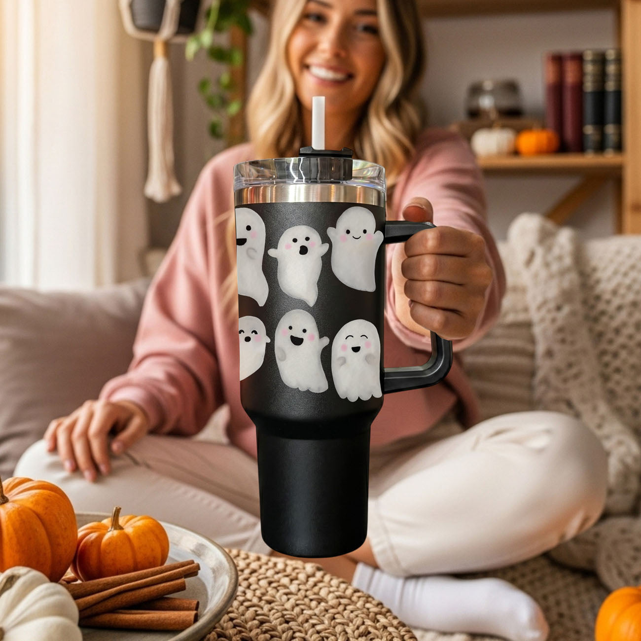 Woman holding a black tumbler with ghost designs in a cozy living room.