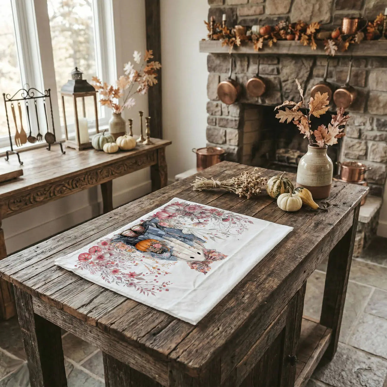 decorative ghost kitchen towel on a wooden kitchen table