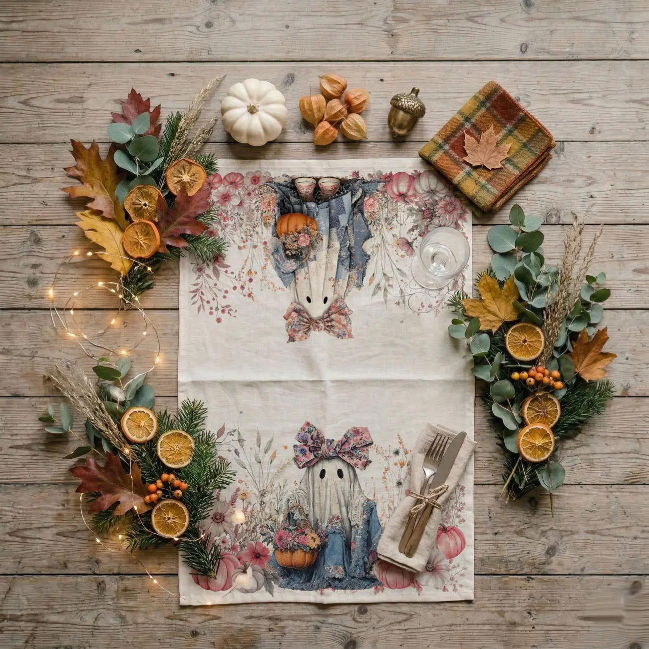 Decorative kitchen towel with autumn-themed illustrations on a wooden surface.