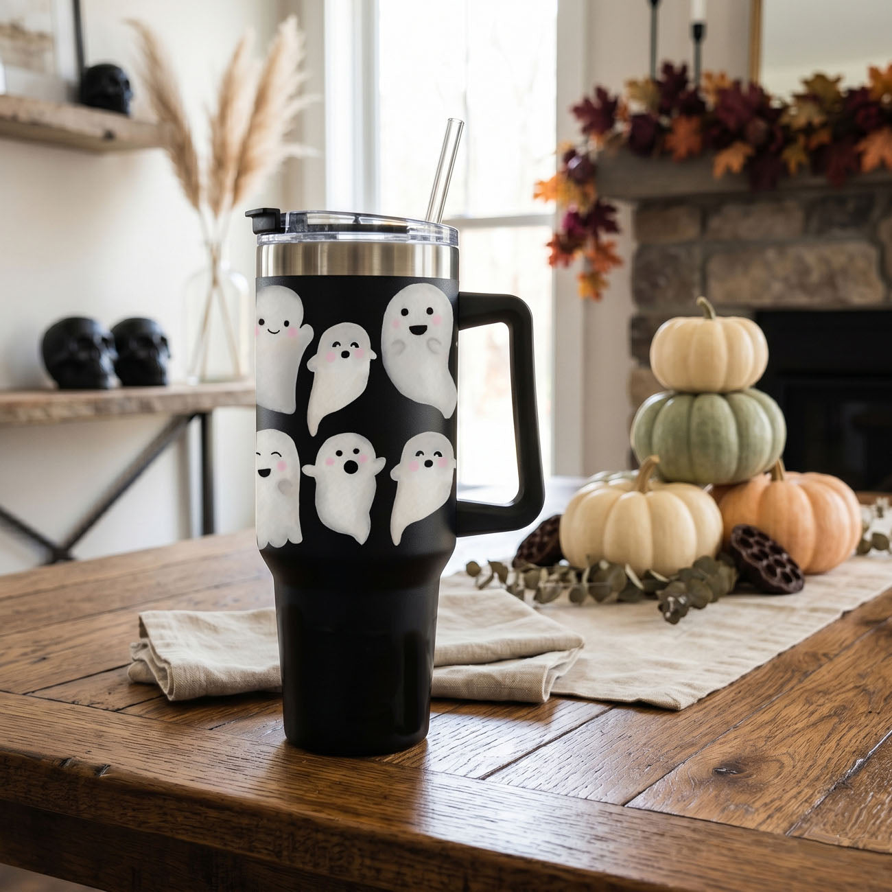 Black tumbler with ghost design on a wooden table with pumpkins and autumn decorations.