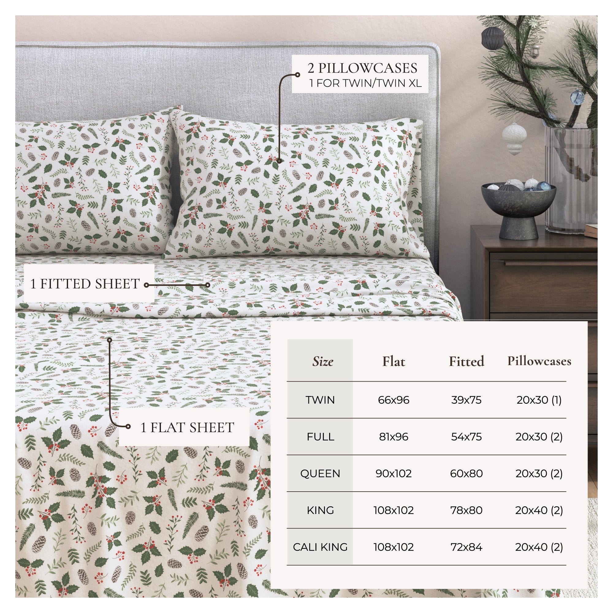 Bedding set with floral pattern on a bed, including fitted sheet, flat sheet, and pillowcases, with size chart displayed.