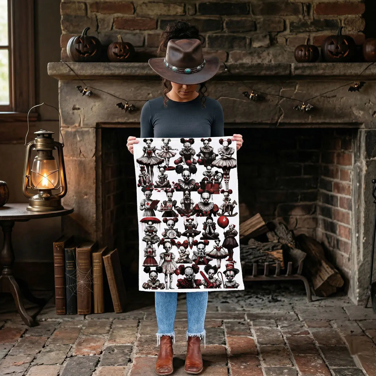 Person holding a decorative towel with creepy doll design in a rustic room with a fireplace