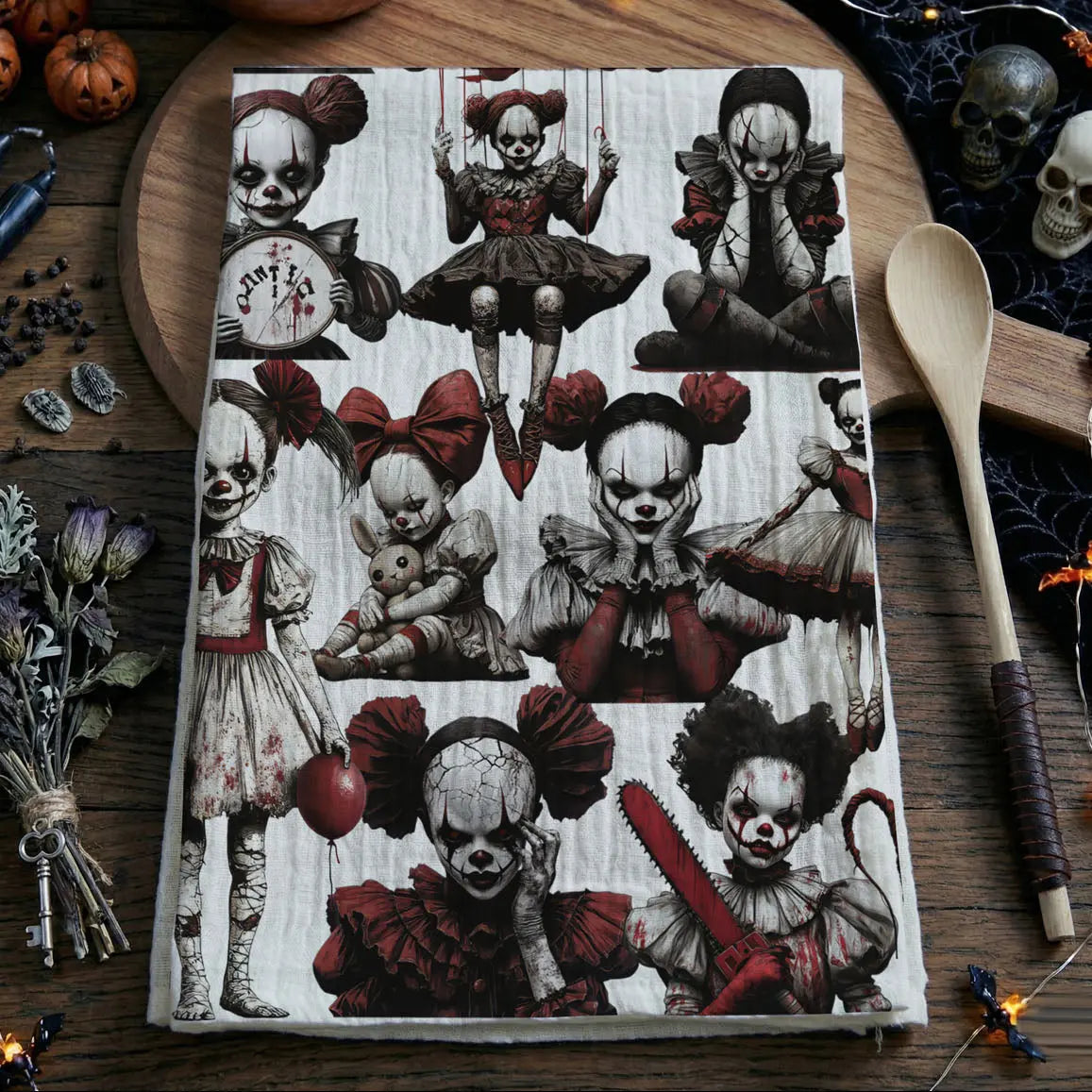 Gore-themed  kitchen towel with illustrations of horror characters on a wooden surface.