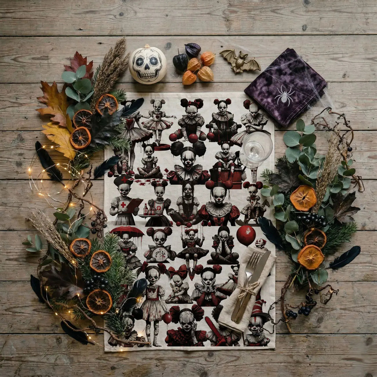 Halloween-themed decorative kitchen towel with pumpkins, leaves, and spiderweb on a wooden surface.