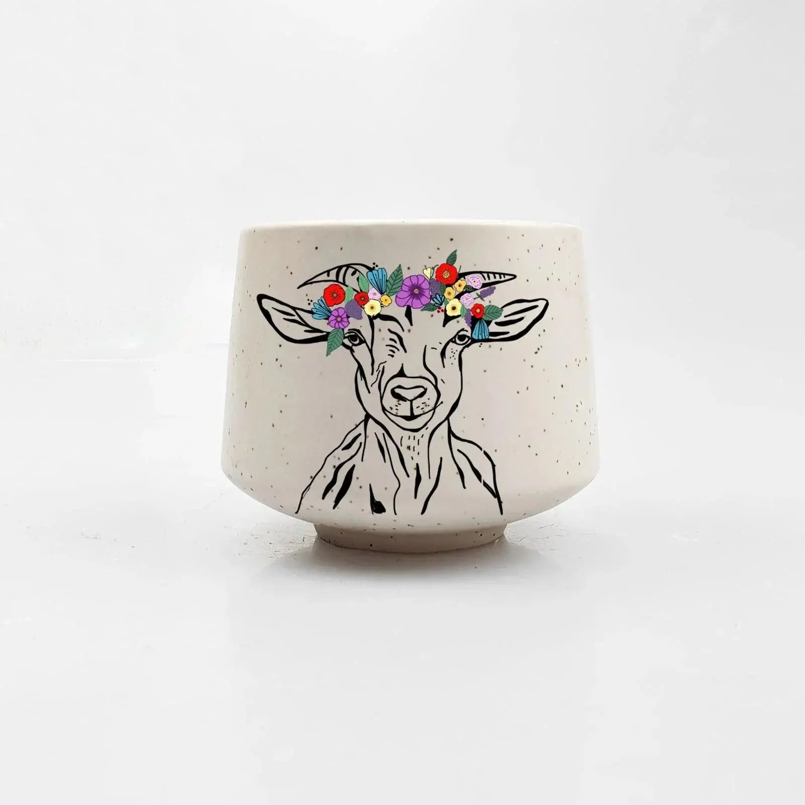 Ceramic planter with goat illustration wearing colorful flower crown, farmhouse decor style