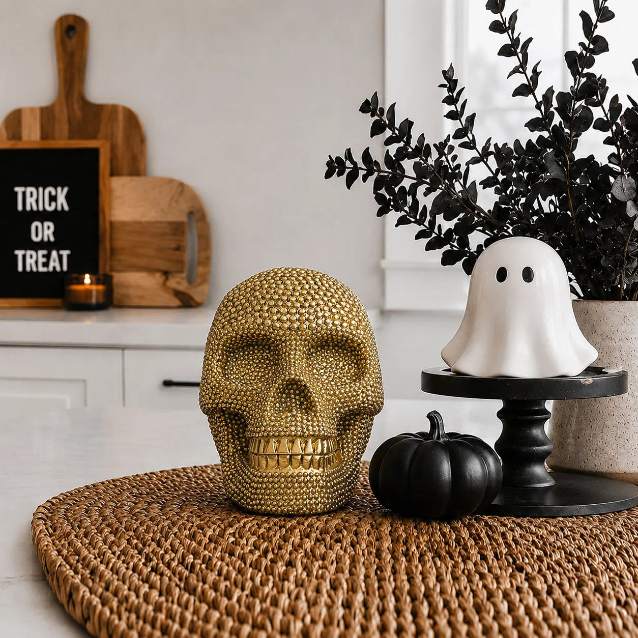 Halloween-themed decor with gold skull, black pumpkin, and white ghost on a woven surface.