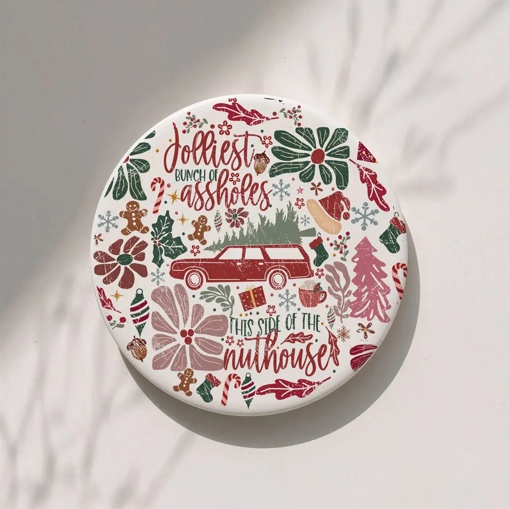 Decorative plate with festive design and text on a light background